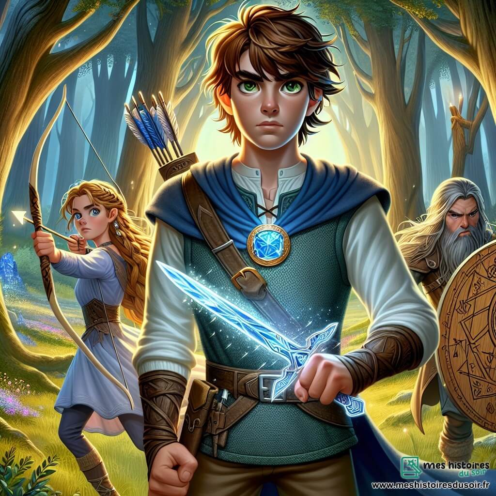 Au centre de l'image, Kaelan, un jeune homme d'environ 20 ans, se tient courageusement avec une amulette bleue autour du cou et une épée scintillante à la main, prêt à affronter une ombre menaçante. À sa gauche, Lyra, une archère de 18 ans, tire une flèche vers le ciel, tandis qu'à droite, Tarin, un homme costaud de 25 ans, lève son bouclier orné de runes anciennes. Le décor est une clairière enchantée, entourée de grands arbres et de fleurs colorées, créant une atmosphère mystique. Ils se préparent à affronter un sorcier des ténèbres, symbolisant l'espoir face à l'obscurité.
