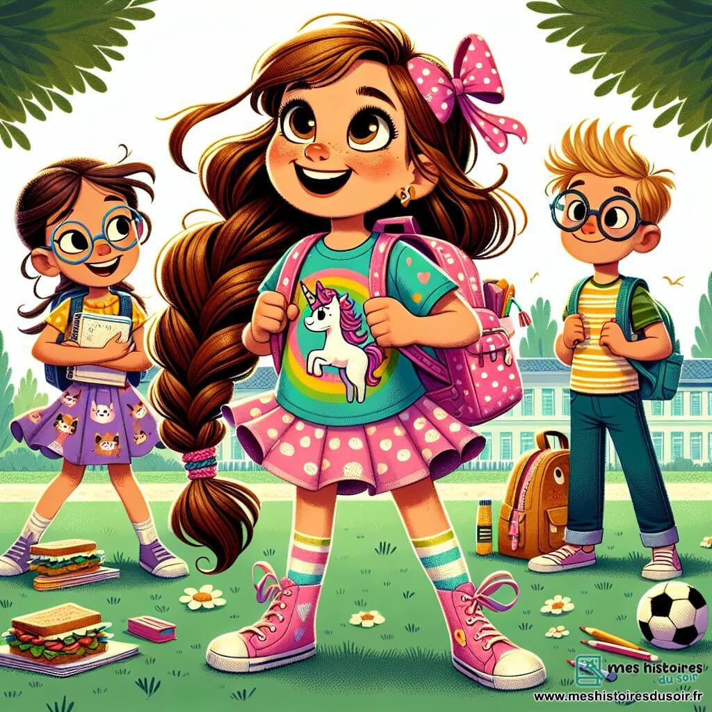 Lila, une petite fille de 10 ans avec de longs cheveux bruns tressés et un grand sourire, se tient au centre de l'image. Elle porte un t-shirt coloré avec des licornes et un cartable rose à pois rempli de fournitures scolaires, levant les bras comme un super-héros, prête pour sa première journée d'école. À côté d'elle, son meilleur ami Tom, également âgé de 10 ans, avec des cheveux blonds en bataille et des lunettes rondes, sourit joyeusement en tenant un sandwich et un ballon de foot. Clara, une fille de 9 ans avec des lunettes et des cheveux châtains en queue de cheval, admire Lila tout en tenant un cahier décoré. La scène se déroule dans la cour d'une école primaire, entourée d'arbres et d'un ciel bleu clair, où des enfants jouent et rient. Lila et ses amis sont enthousiastes et prêts à commencer une nouvelle année scolaire.