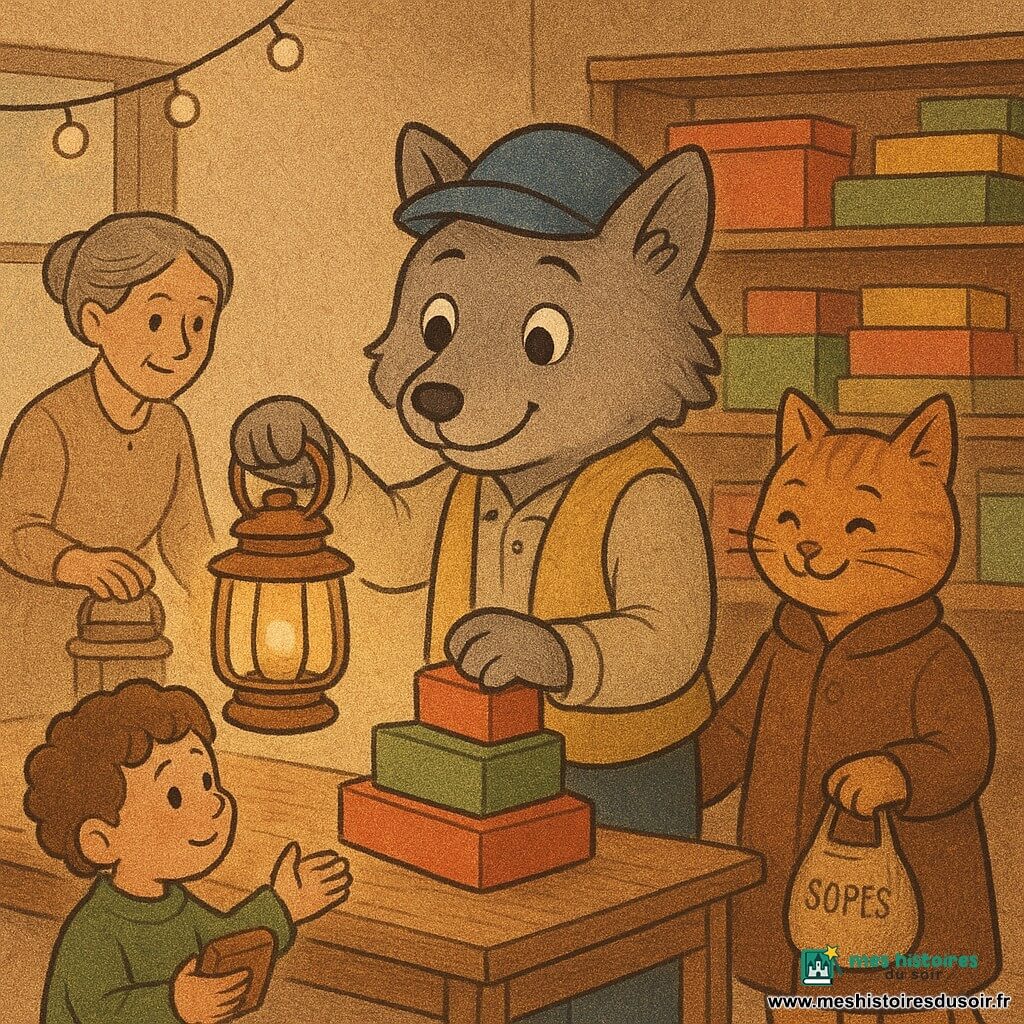 Un petit loup anthropomorphe au pelage gris et au visage rond porte une casquette bleue et un gilet jaune; il tient une lanterne cuivrée et range des boîtes colorées sur une étagère. Une femme aux cheveux gris en chignon, robe beige, pose une grande lanterne sur une table en bois à gauche du loup et regarde les enfants avec bienveillance. Un garçon timide aux cheveux bouclés et pull vert tient un paquet de dattes et tend la main vers le loup. Une vieille chatte ronde à la fourrure rousse, manteau marron, sourit tranquillement et tient un sac de soupe près de l’entrée en posant une patte sur l’épaule du loup. La salle communautaire est chaleureuse, avec des étagères en bois, boîtes vives, une grande fenêtre laissant entrer la douce lumière du soir, des guirlandes et une table centrale avec bols et pain; l’atmosphère est de partage calme et joyeux, tendre et lumineuse, aux couleurs chaudes et contrastes doux.
