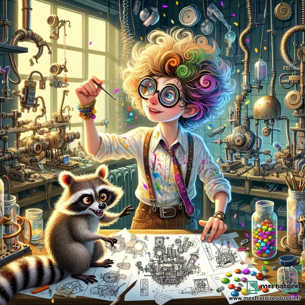 Ernestine Biscornu, une femme aux cheveux colorés et ébouriffés, porte une blouse tachée de peinture et des lunettes en spirale. Elle dessine des plans farfelus sur un rouleau de papier toilette, tandis que Marcel, un raton laveur curieux, l'observe. L'atelier est chaotique, rempli de machines étranges, de pièces de métal brillantes et de bocaux de bonbons colorés. Ernestine, entourée de croquis et de prototypes, imagine sa machine à gratter les oreilles d’elfe, destinée à aider sa amie la fée Zibeline.