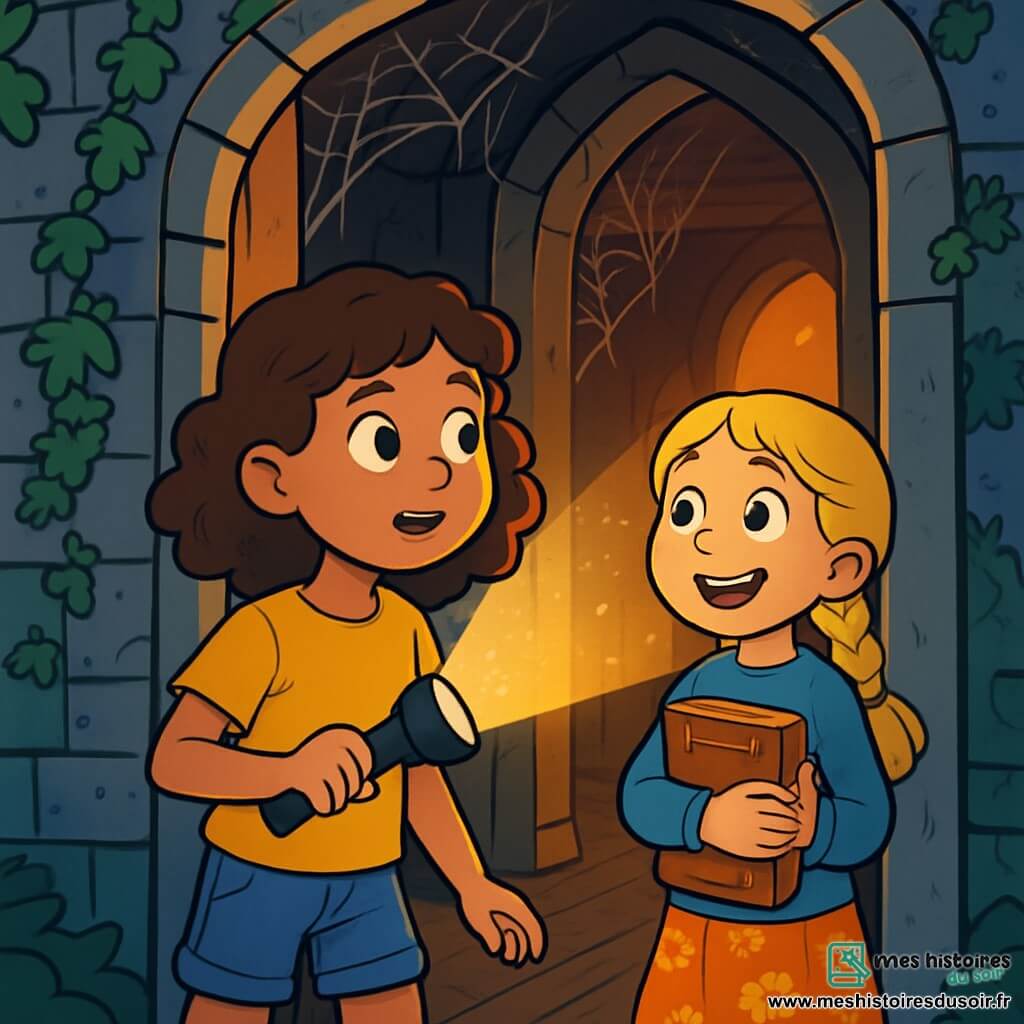 Alice, une fille de 10 ans aux cheveux bruns bouclés, porte un t-shirt jaune et un short en jean, tenant une lampe de poche en regardant la maison hantée. Zoé, également âgée de 10 ans, a des cheveux blonds tressés, un pull bleu et une jupe à fleurs, et regarde avec excitation un livre ancien. La maison hantée est ancienne, avec des murs en pierre recouverts de lierre, des fenêtres brisées laissant passer la lumière, un sol en bois vieilli et des toiles d'araignées. Alice et Zoé se tiennent à l'entrée, prêtes à entrer, une lumière dorée émanant de l'intérieur, créant une atmosphère magique où les ombres dansent autour d'elles.