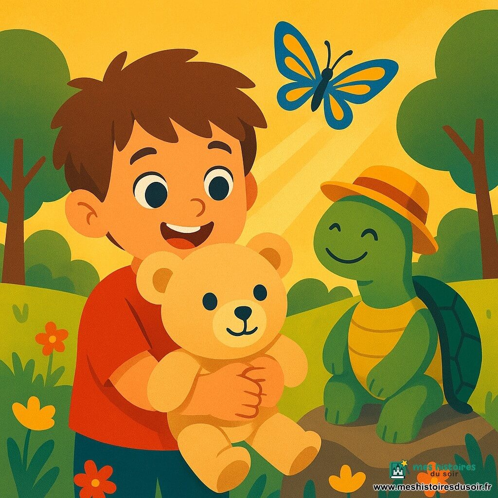 Un garçon de 4 ans aux yeux grands et brillants et aux cheveux châtains en bataille serre un ourson en peluche beige contre sa poitrine, un papillon aux ailes dorées et bleues vole au‑dessus de sa tête, une vieille tortue souriante portant un petit chapeau de paille est assise sur une pierre à sa droite; décor : clairière baignée de lumière dorée avec herbe verte, fleurs colorées, arbres aux troncs épais et quelques rayons de soleil à travers une légère brume — moment émouvant et joyeux de retrouvailles, ambiance chaleureuse et magique, composition centrée et formes simples adaptées aux enfants.