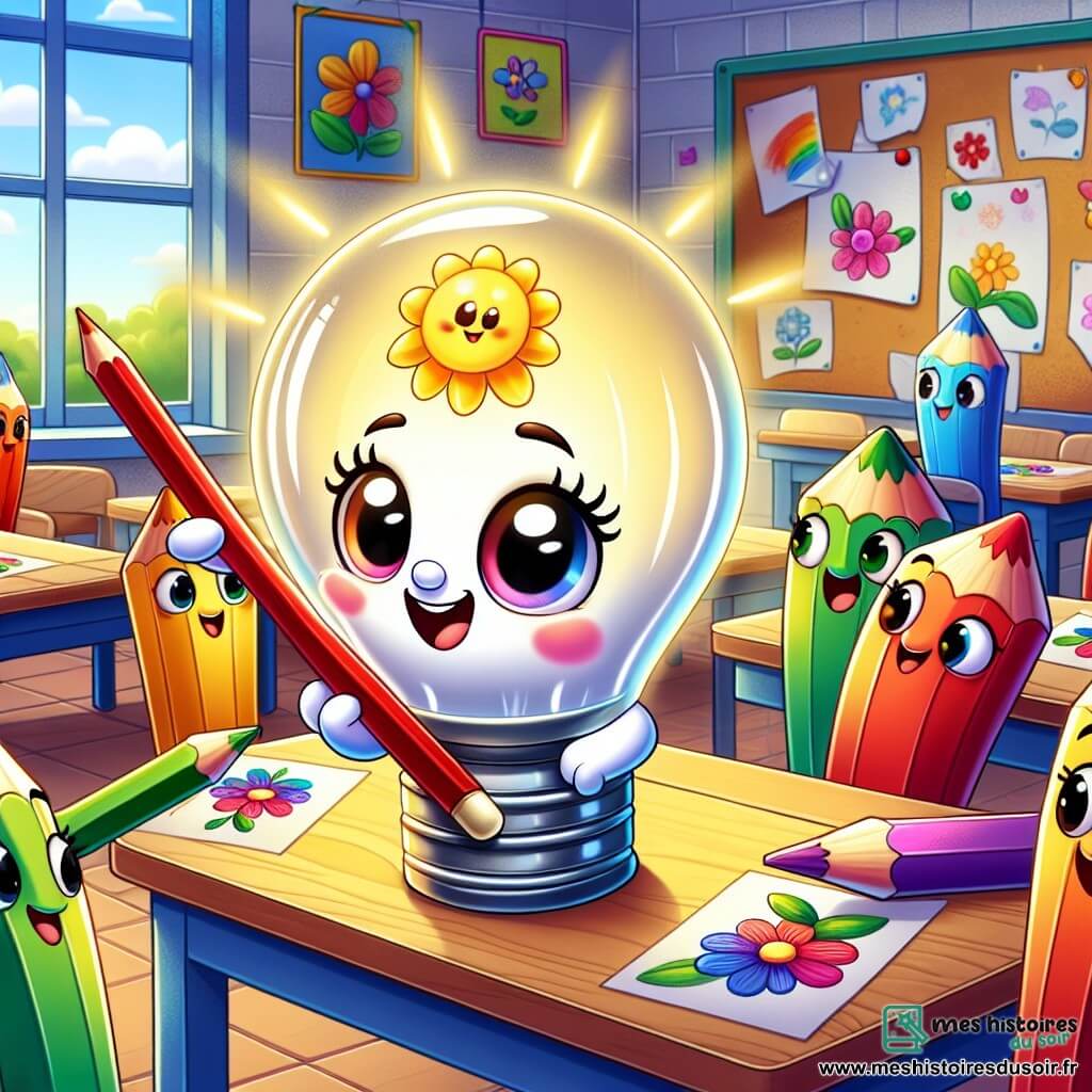 Une petite lampe nommée Lumi, avec un corps en verre transparent et une lumière éclatante aux couleurs de l'arc-en-ciel, se tient au centre de la classe. Elle a un visage souriant et émet une lumière chaleureuse. Autour d'elle, plusieurs crayons de couleur sont rassemblés. Le crayon rouge dessine une fleur avec enthousiasme, le crayon bleu observe avec curiosité, et le crayon vert ajoute des feuilles en souriant. La scène se déroule dans une salle de classe lumineuse, remplie de dessins colorés, avec des tables en bois clair et des rayons de soleil filtrant à travers les fenêtres. Lumi encourage les crayons à collaborer pour créer un tableau de fleurs multicolores, célébrant la diversité et l'harmonie.