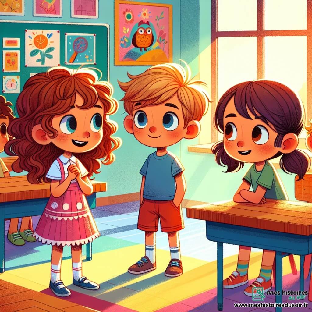 Dans une salle de classe colorée, trois enfants se tiennent autour d'une grande table en bois. Emma, 8 ans, avec des cheveux bouclés et une robe rose à pois, raconte une histoire amusante. Lucas, 9 ans, aux cheveux blonds, écoute attentivement en t-shirt bleu et short rouge. Mia, 7 ans, avec des couettes, porte une jupe jaune et un t-shirt vert, un peu nerveuse mais enthousiaste. La salle est décorée de dessins colorés et baignée de lumière. Ils discutent de l'importance de la vérité, Mia s'excusant d'avoir inventé une histoire sur un éléphant, tandis qu'Emma et Lucas l'encouragent.