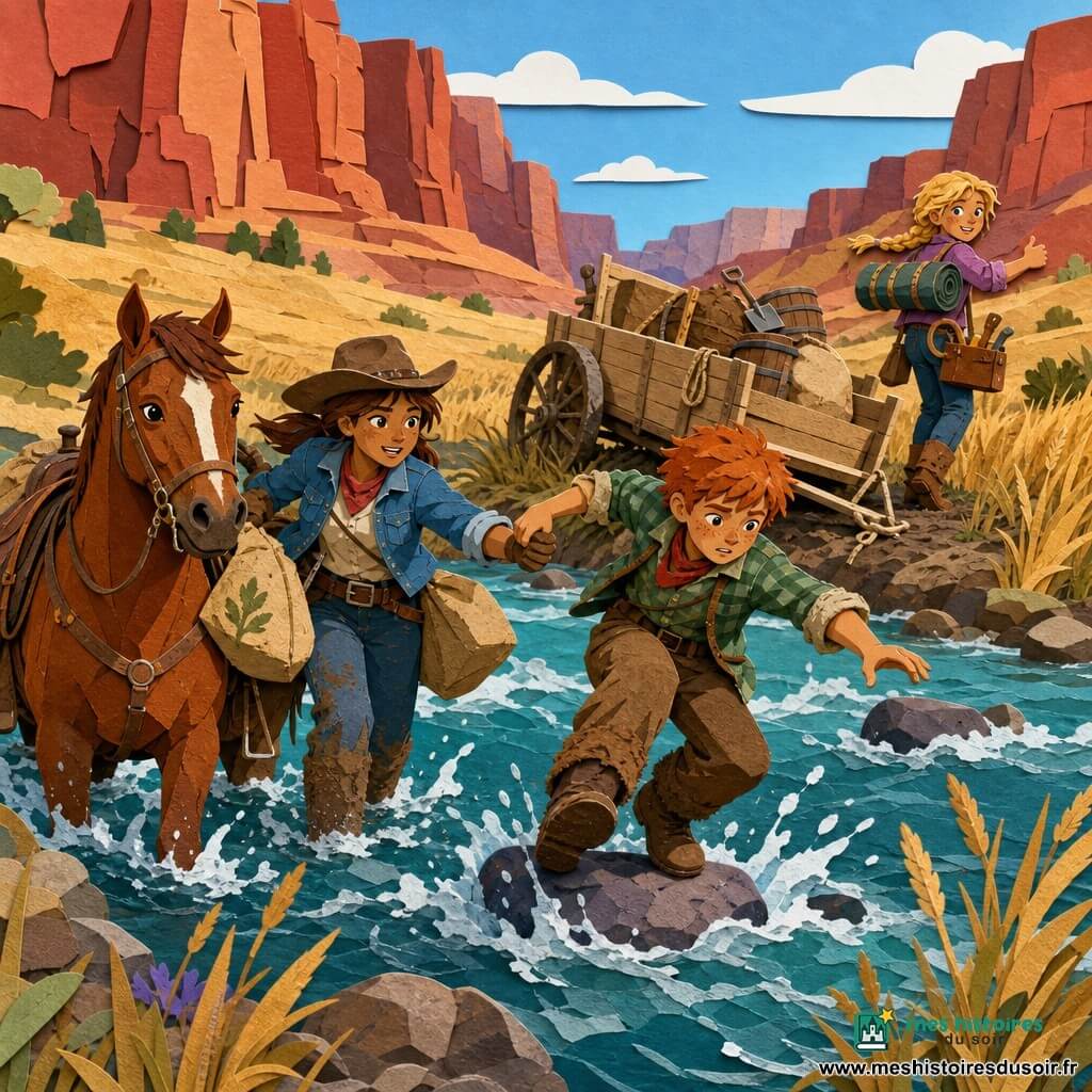 Sally, cow-girl souriante aux yeux pétillants, chapeau de feutre, veste en jean et bottes boueuses, porte des sacs de grain et aide Billy, un garçon roux glissant sur une pierre, à traverser une rivière tumultueuse pendant que Clara, une fillette à la tresse blonde, attend sur la rive opposée en encourageant, Biscuit le cheval alezan patauge prudemment à côté avec une selle usée, et une charrette en bois chargée reste embourbée sur la berge ; arrière-plan de prairie dorée et falaises rouges sous un ciel matinal clair, couleurs vives, contrastes nets et ambiance de coopération et de courage.