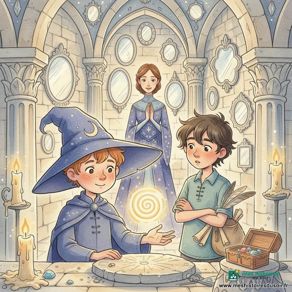 Lucien, 7 ans, apprenti sorcier au visage rond et parsemé de taches de rousseur, porte un chapeau trop grand tombant sur une oreille ; émerveillé, il tient une petite spirale lumineuse posée sur une pierre et tend la main pour la caresser. Casimir, rival d’environ 11 ans aux cheveux foncés en bataille, se tient légèrement en retrait à droite, sac de parchemins et plumes à la main, surpris puis attendri, prêt à observer plutôt qu’à agir. Une maîtresse bienveillante en robe aux tons de lune se tient au fond, souriante, mains jointes, regardant avec fierté tranquille. Le vestibule ancien en pierre claire présente des murs couverts de miroirs variés qui ne reflètent rien mais brillent d’un éclat intérieur, colonnes sculptées, chandelles à moitié fondues et une petite boîte ouverte sur un piédestal. Au centre, un symbole effacé reprend forme en une spirale d’aube brillante ; une lumière douce et dorée éclaire les visages, créant une ambiance magique, calme et chaleureuse, la composition centrée sur la spirale, les mains et les regards partagés.