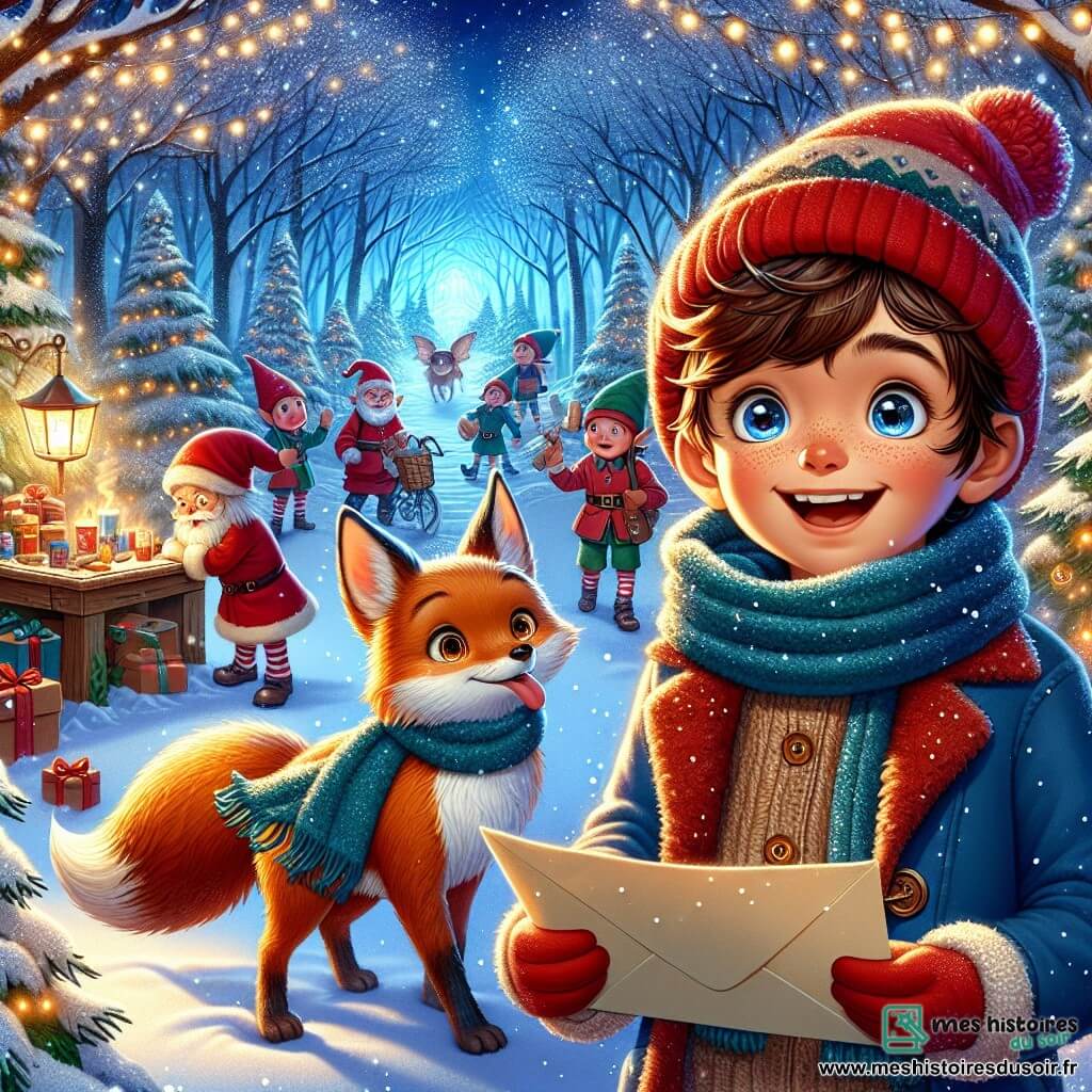 Un garçon de 9 ans, Lucas, aux cheveux châtains et aux yeux pétillants, se tient dans une forêt enchantée, entouré de flocons de neige. Il porte un bonnet rouge, une écharpe et une veste bleue, et son visage exprime excitation et émerveillement en tenant une lettre pour le Père Noël. À ses côtés, un renard à la fourrure dorée le regarde avec un sourire complice, prêt à l'accompagner. En arrière-plan, des lutins en chapeaux pointus emballent des cadeaux en chantant. La scène magique présente des arbres couverts de neige scintillante, des lumières brillantes et des ruisseaux de chocolat chaud, tandis que Lucas, plein d'excitation, se prépare à livrer sa lettre au Père Noël avec le soutien du renard et des lutins.