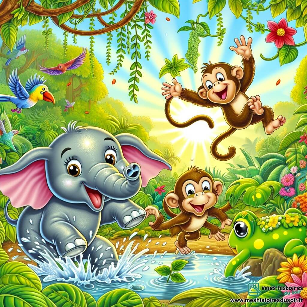 Un éléphant joyeux nommé Émile éclabousse de l'eau dans une flaque, ses yeux pétillants de bonheur. À côté, un singe espiègle nommé Max fait des pirouettes accroché à une branche. Non loin, une grenouille verte nommée Lola danse sur une grande feuille. La scène se déroule dans une jungle magique avec des feuillages luxuriants et des fleurs colorées. Émile, Max et Lola s'amusent ensemble, créant une ambiance joyeuse et pleine de vie.