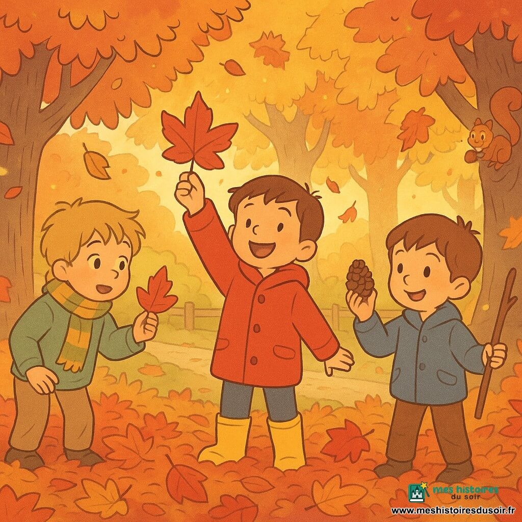 Trois garçons dans un parc d'automne : Max (environ 6 ans, cheveux bruns courts, manteau rouge, bottes jaunes) au centre brandit une grande feuille rouge en souriant, à sa gauche Léo (≈7 ans, cheveux blonds en bataille, pull vert clair, écharpe rayée) ramasse une feuille en regardant Max, à sa droite Tom (≈6 ans, cheveux châtains, veste bleue, pantalon brun) tient un bâton et montre une pomme de pin ; ils sautent dans un tapis de feuilles orange, rouges et jaunes qui tourbillonnent sous une lumière dorée de fin de journée, tandis qu'un petit écureuil brun grimpe un tronc à l'arrière-plan.