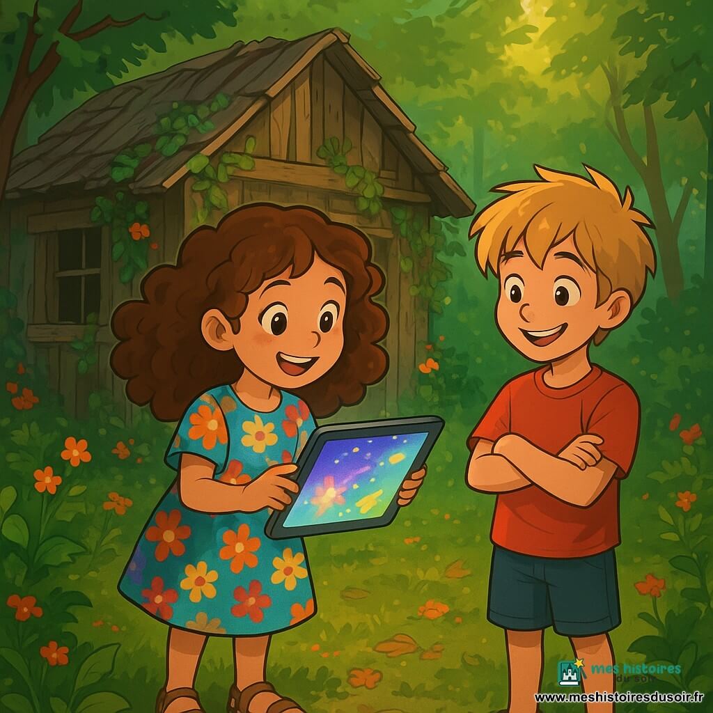 Emma, une petite fille de 10 ans aux cheveux châtains bouclés et aux yeux curieux, se tient devant une vieille cabane abandonnée, émerveillée. Elle porte une robe à fleurs et des sandales, tendant la main vers une tablette lumineuse qui diffuse des images éclatantes. À ses côtés, Lucas, un garçon de 10 ans aux cheveux blonds en bataille et en t-shirt rouge, sourit en l'observant. La scène se déroule dans une forêt verdoyante, baignée de soleil, avec un sol parsemé de fleurs sauvages. La cabane en bois usé, entourée de lierre et de fleurs, ajoute une touche magique. Ensemble, Emma et Lucas explorent un monde fascinant à travers l'écran, captivés par les images qui dansent devant eux.