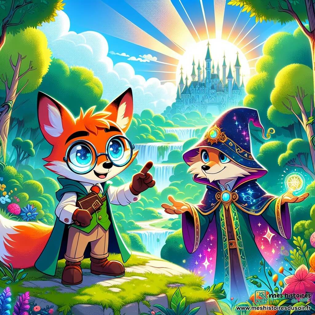 Un renard rusé aux lunettes rondes, nommé Firmin, se tient sur un rocher ensoleillé, observant la forêt verdoyante qui l'entoure. À ses côtés, un mage nommé Oronis, vêtu d'une robe lumineuse, l'encourage en levant une main vers le ciel. En arrière-plan, la forêt de Crins-Vert s'étend avec des arbres majestueux et des rayons de soleil filtrant à travers le feuillage. Firmin et Oronis se préparent à utiliser un compas ancien pour ouvrir un portail temporel, symbolisant leur mission pour sauver l'avenir de la forêt.