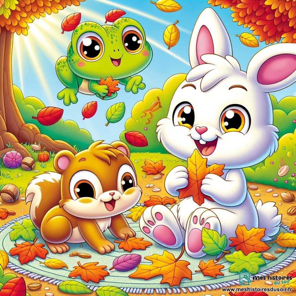 Un petit lapin nommé Léo, au pelage doux et blanc, est assis sur un tapis de feuilles colorées, souriant et ramassant des feuilles d'automne. À côté de lui, une grenouille verte avec des taches jaunes saute joyeusement, tenant une feuille. Un écureuil brun grimpe à un arbre voisin, ramassant des noix tout en observant ses amis. Le décor est un jardin d'automne avec des arbres aux feuilles dorées et rouges, un ciel bleu clair et des rayons de soleil illuminant la scène. Léo et ses amis créent un joli tapis de feuilles, riant et s'amusant ensemble.