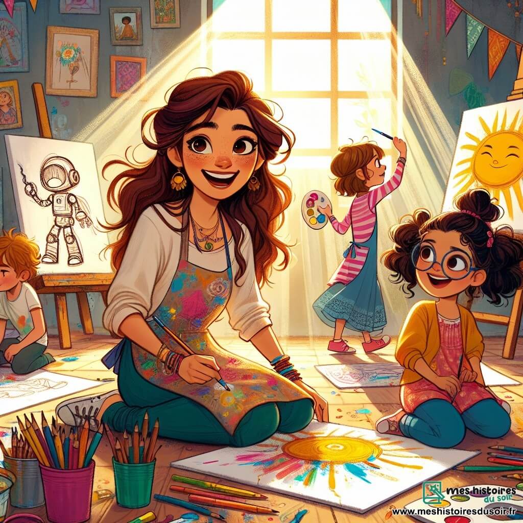 Clara, une artiste dans la trentaine avec de longs cheveux bruns en désordre et un tablier coloré, sourit joyeusement en guidant des enfants dans son atelier lumineux. Léa, une petite fille aux cheveux bouclés, dessine un soleil sur le sol, tandis que Lucas, un garçon de dix ans avec des lunettes, peint un robot sur une toile. L'atelier, chaleureux et coloré, est rempli de toiles et de lumière, créant une ambiance magique. Clara encourage les enfants à exprimer leurs émotions par la peinture, remplissant l'espace de rires et de couleurs.