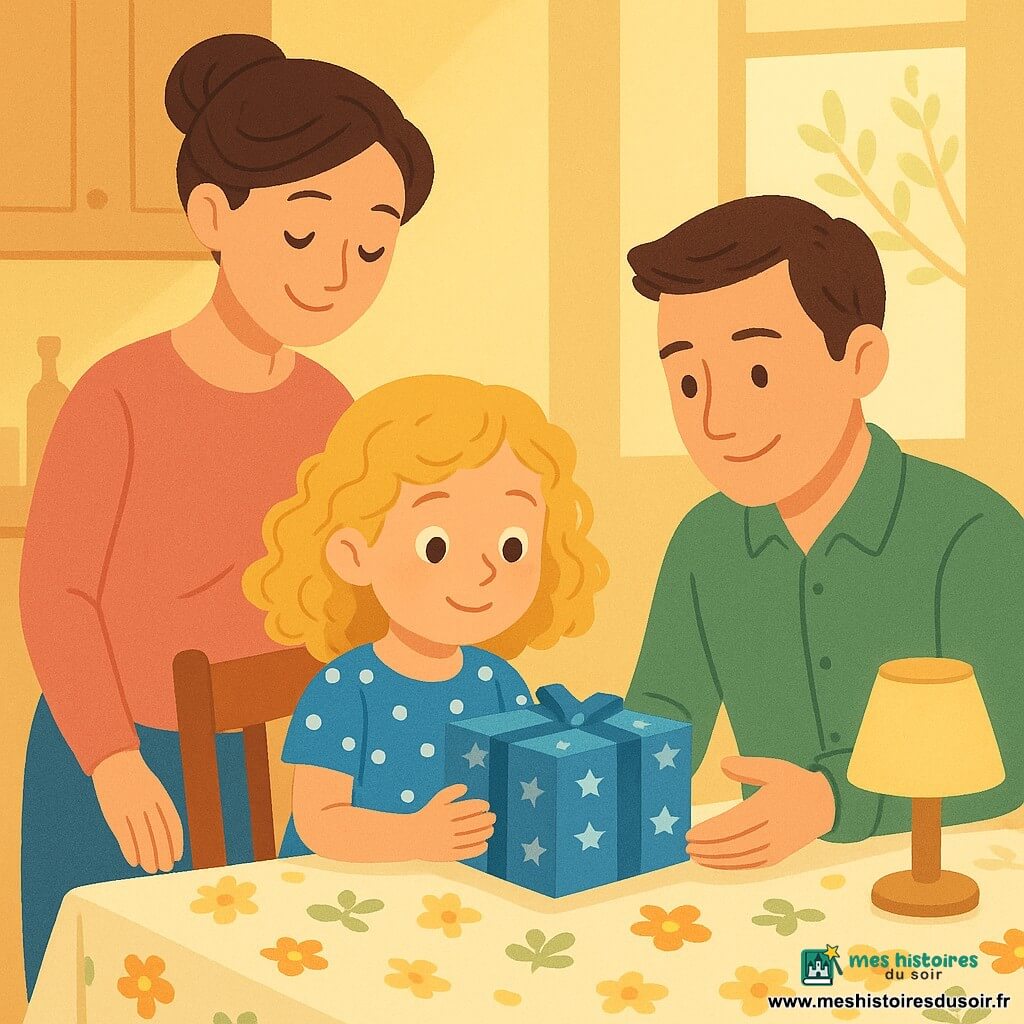 Il y a trois personnages : une petite fille de 5 ans, Lucie, avec des cheveux blonds bouclés, portant une robe bleue à pois blancs, assise à une table de cuisine, tenant une boîte décorée de papier bleu et d'étoiles ; sa maman, avec des cheveux bruns en chignon, portant un pull rose, debout à côté d'elle, souriant doucement ; et son papa, avec des cheveux courts et bruns, portant une chemise verte, assis de l'autre côté de la table, tendant une main vers la boîte. La cuisine est chaleureuse, avec des murs jaune pâle et une grande fenêtre laissant entrer la lumière du matin. Sur la table, une nappe blanche à motifs de fleurs et une petite lampe de table allumée créent une ambiance douce. La scène montre Lucie et ses parents autour de la table, découvrant ensemble la boîte des minutes ensemble, remplie de tendresse et de complicité, avec des expressions de calme et de bonheur sur leurs visages.