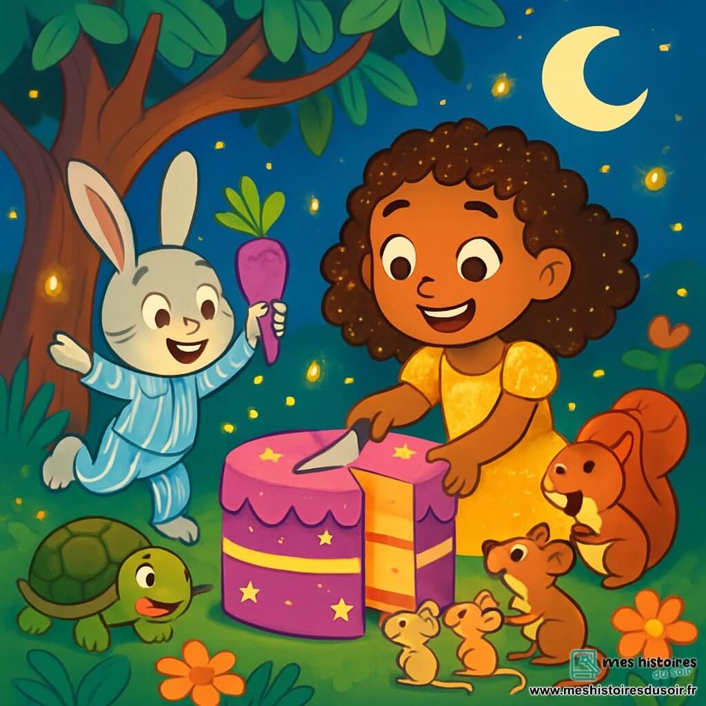 Samiya, une fille de 8 ans aux cheveux bouclés et dorés, porte une robe scintillante. Elle est émerveillée devant un énorme gâteau magique sous un figuier. À ses côtés, Biscotte, un lapin en pyjama rayé, saute joyeusement avec une carotte violette. Le jardin est illuminé par des lucioles et des fleurs colorées, créant une atmosphère féerique. La lune brille dans le ciel. Samiya découpe le gâteau, souriante, entourée d'animaux joyeux, impatients de goûter à cette délicieuse création.