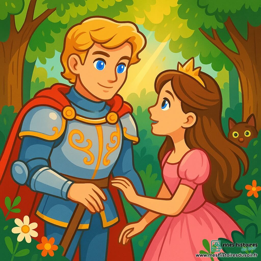 Un prince courageux d'environ 20 ans, aux cheveux blonds et aux yeux bleu azur, se tient au centre de l'image dans une armure ornée de motifs dorés et un manteau rouge. À ses côtés, une princesse d'environ 18 ans, avec de longs cheveux châtains et une robe en satin rose, le regarde avec admiration, la main tendue. La scène se déroule dans une forêt enchantée, avec des arbres majestueux et des fleurs colorées, éclairée par un rayon de soleil. Le prince se penche pour embrasser la princesse, symbolisant l'amour, tandis qu'un chat aux yeux brillants les observe depuis un buisson, ajoutant une touche de mystère.