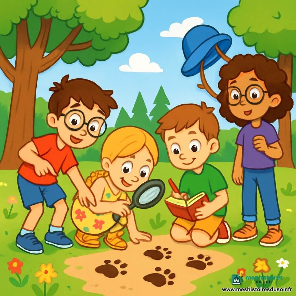 Quatre enfants sont dans un parc verdoyant : Maxime, un garçon de 8 ans aux cheveux bruns en bataille et lunettes rondes, porte un t-shirt rouge et un short bleu, et pointe des empreintes mystérieuses. Léa, 7 ans, avec de longs cheveux blonds tressés et un sourire, est accroupie en examinant les empreintes avec une loupe, vêtue d'une robe à fleurs et de sandales jaunes. Tom, 6 ans, aux cheveux châtains et taches de rousseur, tient un carnet et un crayon, vêtu d'un t-shirt vert et d'un pantalon court. Clara, 7 ans, avec des cheveux bruns bouclés et des lunettes, est debout avec un chapeau bleu, portant un t-shirt violet et un jean. Ils sont tous intrigués par les empreintes sur le sol, prêts à résoudre le mystère. Le parc est animé avec de grands arbres, un toboggan rouge et des fleurs colorées.