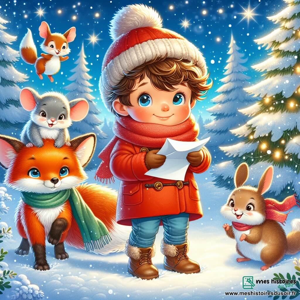 Un petit garçon de 4 ans, Lucas, sourit joyeusement en tenant une lettre froissée. Il porte un manteau rouge, une écharpe douce et un bonnet, se tenant dans une forêt enneigée, entouré de flocons de neige. À ses côtés, un renard orange le regarde avec curiosité, tandis qu'une petite souris grise saute de joie. Des lapins jouent autour d'eux. Le décor est une forêt magique avec des arbres couverts de neige, des étoiles dans le ciel et un sapin illuminé. Lucas, le renard et la souris chantent joyeusement devant la porte du Pôle Nord, attendant de rencontrer le Père Noël.