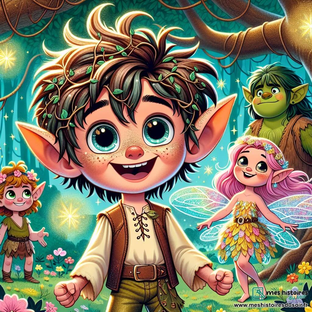 Au centre de l'image, Léo, un jeune elfe aux grandes oreilles et aux cheveux en désordre, exprime sa joie en tenant une plume dorée. À ses côtés, Sofie, une petite fée aux cheveux roses et aux ailes scintillantes, sourit, prête à raconter une blague. En arrière-plan, Gronch, un troll au visage bougon mais au cœur tendre, se tient avec un sourire timide. La scène se déroule sous un grand chêne majestueux, entourée de fleurs chantantes et de papillons colorés, créant une atmosphère magique. Léo, Sofie et Gronch attendent leur tour sur une petite scène pour un concours de blagues, tandis que des rires résonnent dans l'air.