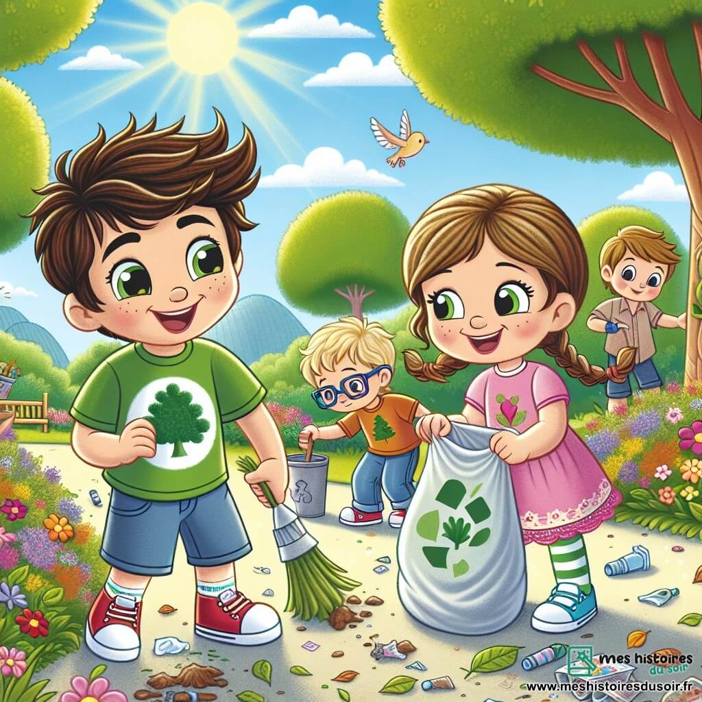 Un petit garçon de 6 ans, Tom, avec des cheveux bruns en bataille et des yeux curieux, se tient au centre de l'image. Il porte un t-shirt vert et un short bleu, souriant en ramassant des déchets dans un parc. À ses côtés, Lila, une fille de 6 ans avec de longs cheveux blonds tressés et une robe rose, l'aide avec un sac de recyclage. En arrière-plan, Lucas, un garçon de 7 ans avec des lunettes et des cheveux châtains, plante un petit arbre. Le parc est coloré, avec des fleurs, des arbres et des oiseaux, sous un ciel bleu ensoleillé. Tom et ses amis sont unis pour nettoyer le parc et protéger la nature, entourés de déchets et d'étoiles symbolisant leurs bonnes actions.