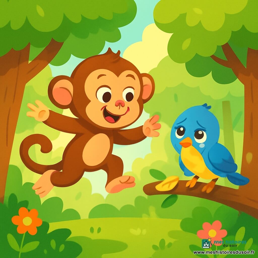 Une guenon joyeuse, au pelage brun et aux yeux pétillants, saute de branche en branche dans une forêt enchantée. Elle sourit en tendant ses petites mains vers un oiseau. Un petit oiseau bleu, aux plumes éclatantes et à la poitrine dorée, est perché sur une branche, en larmes, cherchant sa plume perdue. Il regarde la guenon avec espoir. La forêt est luxuriante, avec des arbres épais, des feuilles brillantes et des fleurs colorées. Des rayons de soleil filtrent à travers le feuillage, créant des ombres dansantes. La guenon aide l'oiseau à retrouver sa plume dorée, symbolisant l'amitié et l'entraide dans un cadre magique.