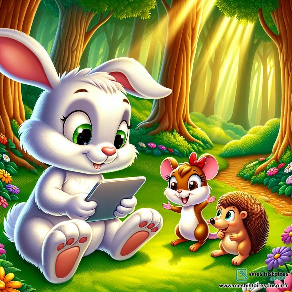 Rocco, un petit lapin au pelage blanc et aux grandes oreilles, est assis sur l'herbe avec un sourire, émerveillé par une tablette brillante qu'il tient dans ses pattes. À côté, Lila la souris, espiègle et impatiente de jouer, saute de joie avec un nœud rouge sur la tête. Max le hérisson, souriant et un peu en retrait, les regarde avec encouragement. La scène se déroule dans une forêt enchantée, baignée de lumière dorée, entourée de fleurs colorées et de grands arbres. Ils discutent joyeusement de l'équilibre entre le temps d'écran et le temps passé ensemble, prêts pour une journée d'aventures.