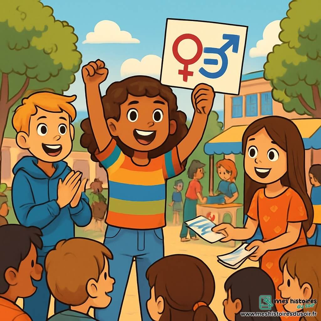 Charlotte, une fille de 12 ans aux cheveux bruns et bouclés, porte un t-shirt coloré et un jean. Elle sourit en tenant une affiche sur l'égalité des genres d'une main et levant l'autre en signe de victoire. À ses côtés, Lucas, un garçon de 12 ans aux cheveux blonds, applaudit avec un sweat à capuche bleu. Emma, une fille de 11 ans aux cheveux longs et raides, distribue des flyers, son visage rayonnant d'excitation. Le décor est une cour d'école animée avec des arbres et des élèves autour de stands colorés, tous engagés dans des activités sur l'égalité des genres. Charlotte et ses amis présentent leur campagne, entourés d'élèves captivés, créant une atmosphère de camaraderie et d'enthousiasme.
