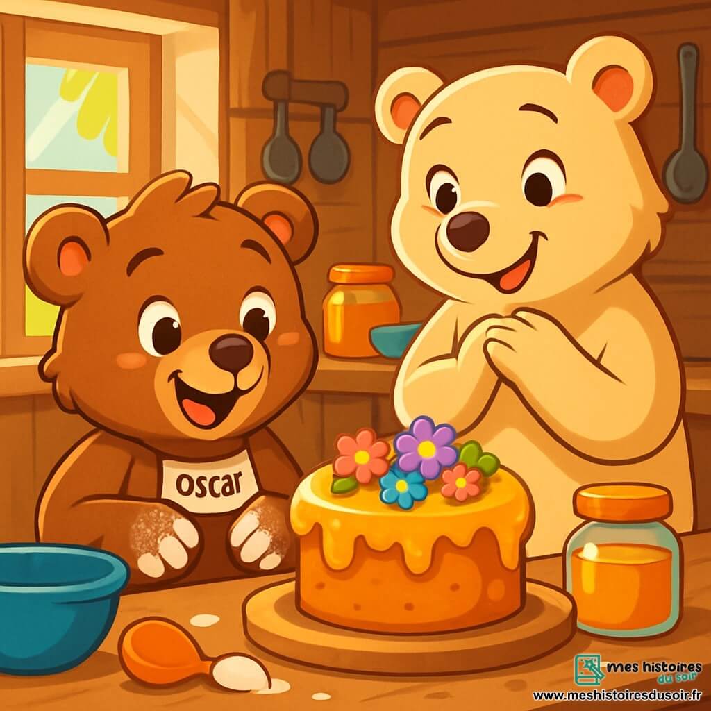 Un ours en peluche nommé Oscar, avec un pelage doux et brun, se tient devant une table en bois rustique, souriant et les pattes pleines de farine, admirant un gâteau au miel décoré de fleurs colorées. À côté de lui, sa maman ours, Maman Ours, avec un pelage crème, regarde le gâteau avec émerveillement, un sourire tendre sur le visage. La scène se déroule dans une cuisine accueillante, éclairée par la lumière filtrant à travers une fenêtre, avec des ingrédients éparpillés sur la table. Oscar, tout excité, est prêt à célébrer la fête des mères avec un cadeau fait maison, tandis que Maman Ours découvre la surprise avec amour.