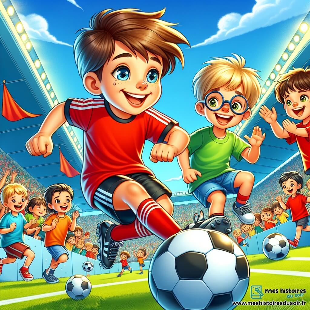Maxime, un jeune homme souriant aux cheveux bruns et aux yeux pétillants, dribble un ballon de football sur un terrain, vêtu d'un maillot rouge et d'un short noir. À ses côtés, Tom, un garçon de 7 ans aux cheveux blonds et lunettes rondes, saute de joie avec son propre ballon. En arrière-plan, d'autres enfants admirent la scène, certains applaudissant et d'autres mimant des gestes de football. Le stade est ensoleillé, avec des gradins remplis de spectateurs et une pelouse verte. Maxime partage sa passion pour le football avec les enfants en leur montrant des dribbles tout en s'amusant.