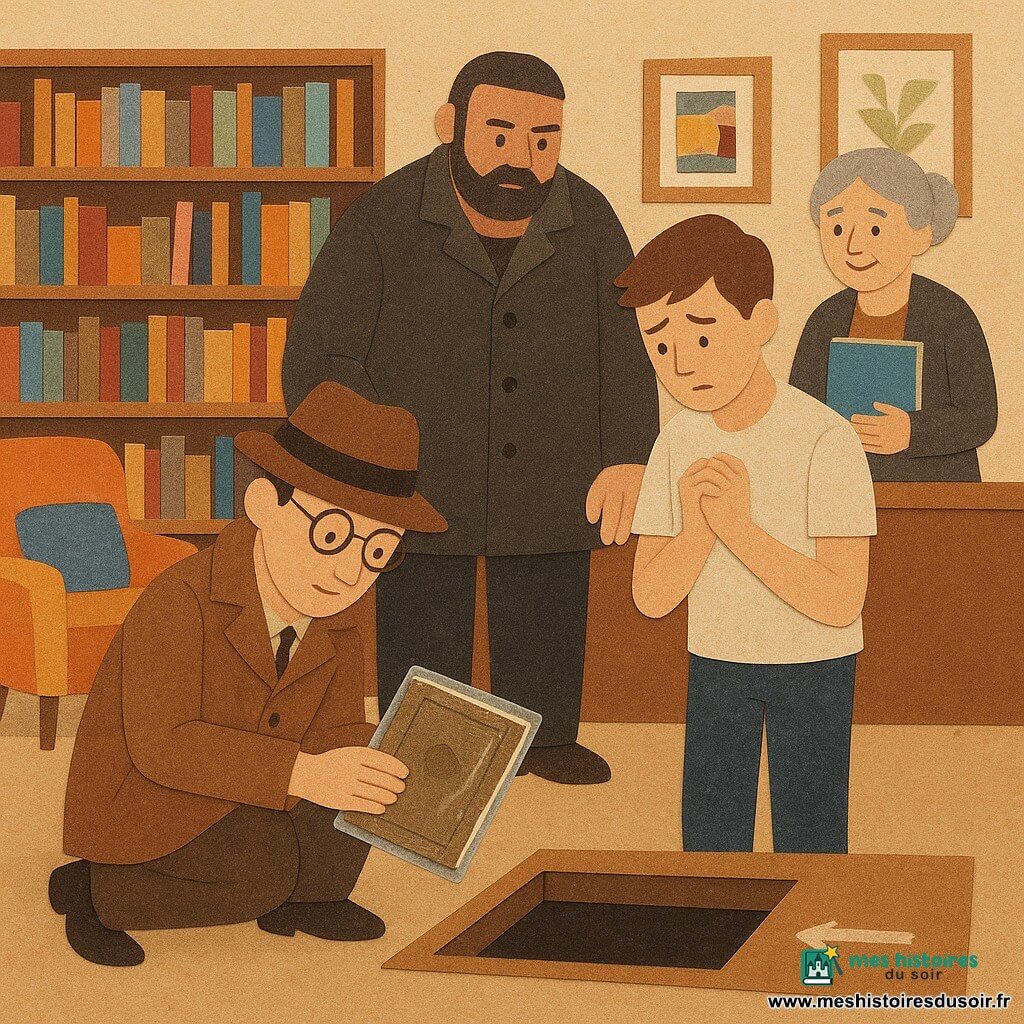 Un détective d’une quarantaine d’années, traits simples, lunettes rondes, imperméable brun et fedora, accroupi près d’une petite trappe sous une table basse, tient délicatement un livre ancien dans un sac plastique ; à ses côtés, Jules, environ 20 ans, cheveux courts bruns, t-shirt clair, l’air coupable et honteux, mains jointes, baisse les yeux en avouant. En arrière-plan, Nabil, gardien d’environ 45 ans à la silhouette large et blouse sombre, tient la trappe ouverte près d’une étagère, et Madame Violette, bibliothécaire d’environ 60 ans, petite aux cheveux gris en chignon, serre un livre contre sa poitrine et sourit soulagée derrière le comptoir. L’intérieur est une médiathèque chaleureuse avec rayonnages en bois, fauteuils colorés, une lampe basse diffusant une lumière douce ; l’ambiance est calme, tournée vers la réparation et la vérité.