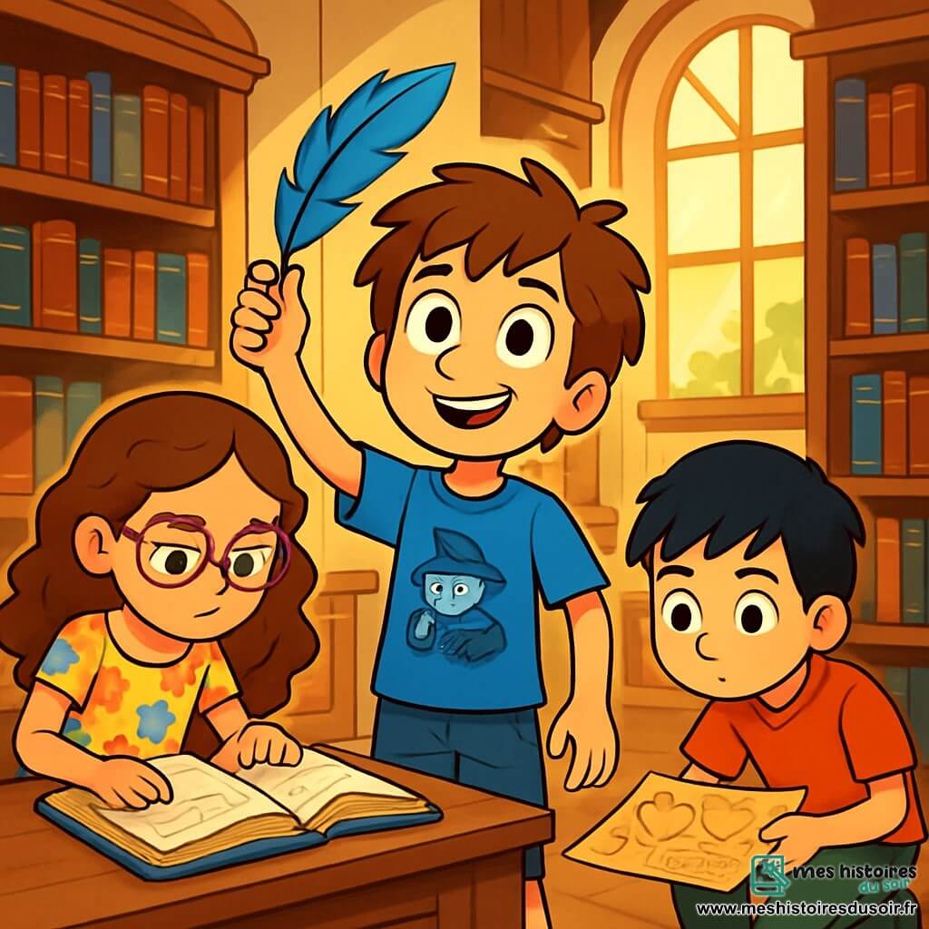 Jules, un garçon de 10 ans aux cheveux châtains en bataille et aux yeux curieux, se tient au centre de la bibliothèque, vêtu d'un t-shirt bleu de détective et d'un short en denim. Il exprime excitation et intrigue, tenant une plume bleue. À ses côtés, Lila, également âgée de 10 ans, observe un livre ancien avec attention, tandis que Sami, accroupi près d'une étagère, examine une vieille carte. La bibliothèque, vaste et mystérieuse, est remplie de livres aux couvertures dorées, illuminée par des rayons de lumière. Ensemble, ils mènent une enquête pour résoudre le mystère de la plume bleue et du chat qui a la clé, cherchant des indices avec enthousiasme.