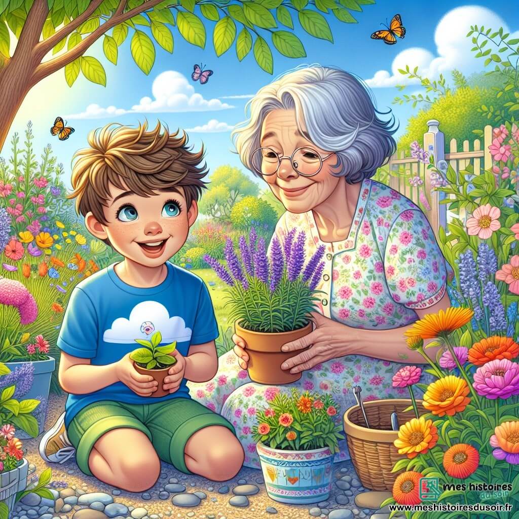 Un garçon de 7 ans, Lucas, avec des cheveux bruns en bataille et des yeux curieux, est assis dans un jardin ensoleillé. Il porte un t-shirt bleu et un short vert, son visage exprimant joie et émerveillement alors qu'il tient un petit pot de fleurs. À côté de lui, sa grand-mère, une femme douce d'environ 65 ans aux cheveux argentés et lunettes rondes, lui montre une plante aromatique, la lavande. Le jardin est rempli de fleurs colorées, de papillons et d'un ciel bleu éclatant, avec des arbres offrant de l'ombre et un chemin en gravier. Lucas et sa grand-mère découvrent ensemble les trésors du jardin, partageant rires et conseils sur les plantes, symbolisant l'amour et le soutien.