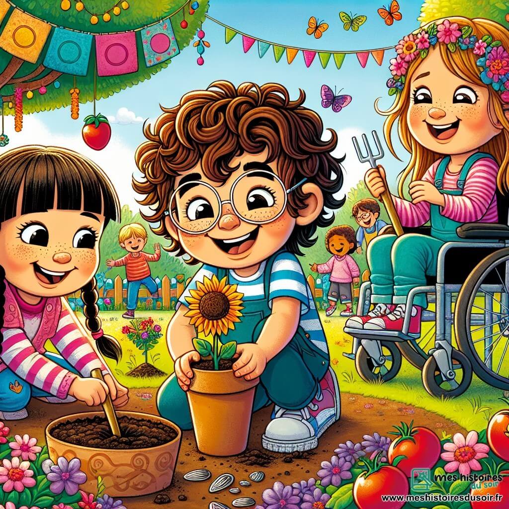 Maxime, un garçon de sept ans aux cheveux bouclés et lunettes rondes, est au centre de l'image, souriant avec un petit pot de terre. À sa droite, Lila, une fille énergique avec des tresses, s'accroupit pour planter des graines de tournesol. À gauche, Sofia, une petite fille joyeuse en fauteuil roulant, les observe avec un grand sourire, prête à les aider avec des outils de jardinage colorés. Le jardin communautaire est vibrant et ensoleillé, rempli de fleurs multicolores, tomates rouges et papillons. Des guirlandes colorées sont suspendues aux arbres et des panneaux en bois indiquent les plantes. En arrière-plan, d'autres enfants jouent, ajoutant une atmosphère joyeuse. La scène montre les trois amis plantant des graines ensemble, symbolisant l'amitié et le travail d'équipe.
