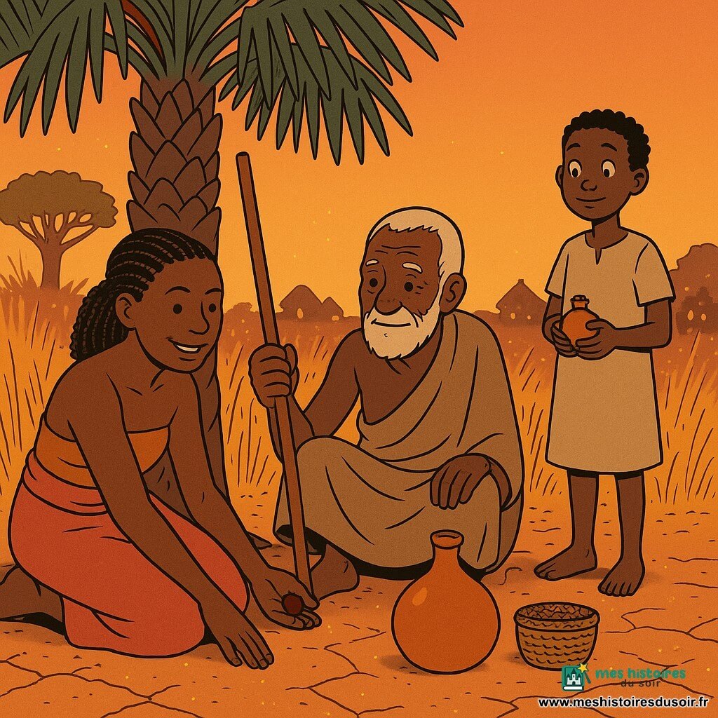 Awa, femme adulte au visage ouvert et déterminé, peau brune, cheveux en colliers tressés, assise sous un grand rônier, pose une main sur la terre et tient une petite noix de kola; Kôfi, vieil homme ridé à la barbe blanche, appuyé contre le tronc avec son bâton, l'écoute attentivement; un garçon d'environ huit ans, en robe simple, tient une petite calebasse et les regarde; clairière de savane au coucher du soleil, herbes jaunes, silhouettes d'habitations lointaines, ambiance de transmission autour d'une calebasse d'eau et d'un panier tressé, lumière chaude et ombres longues.