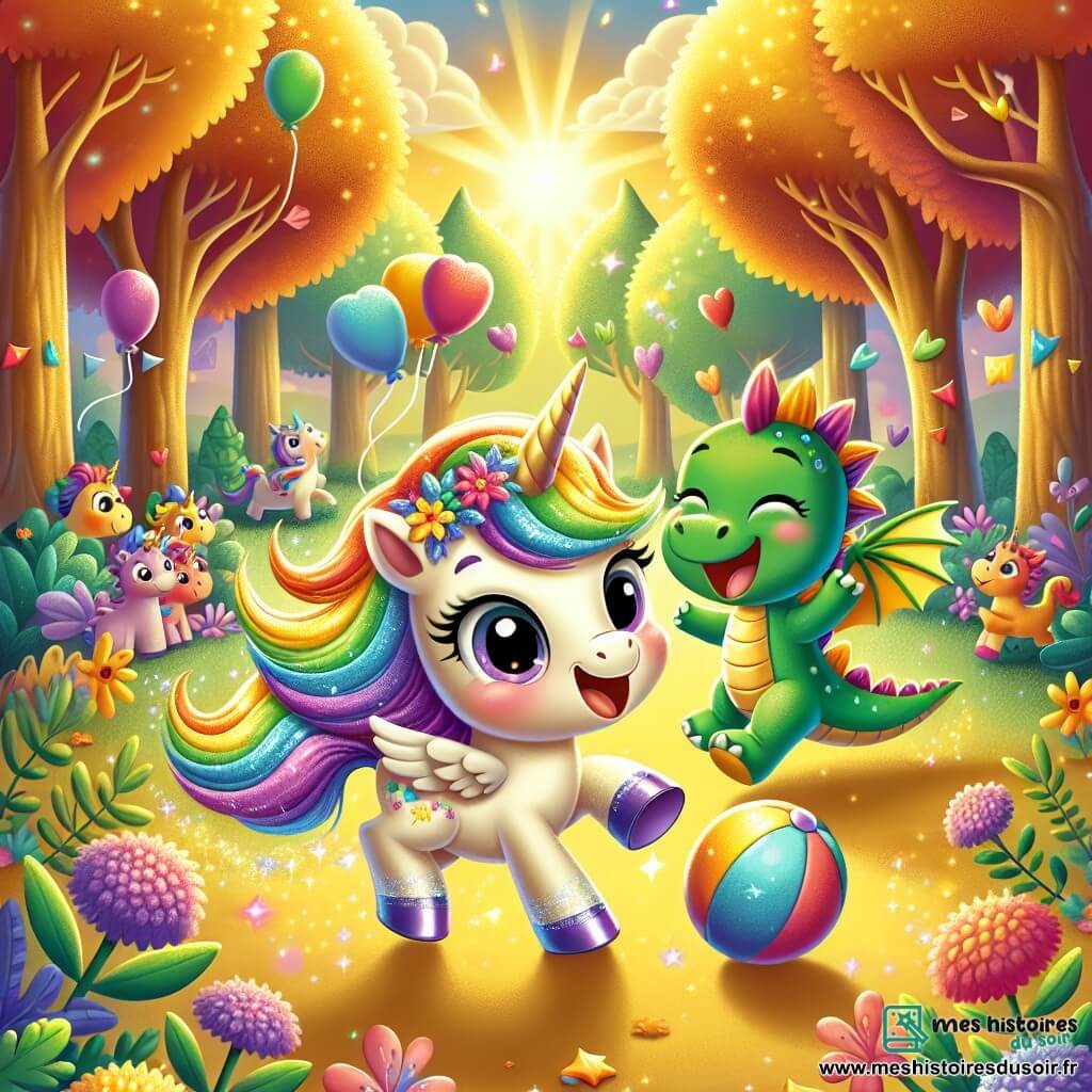 Une petite licorne nommée Lila, avec une crinière arc-en-ciel et un pelage scintillant, joue au ballon avec un grand sourire, exprimant sa joie pour la rentrée des classes. À côté, un dragon vert nommé Max, avec des écailles brillantes et des yeux pétillants, rit en courant après le ballon, montrant leur amitié et enthousiasme. En arrière-plan, une forêt magique baignée de lumière dorée, avec des arbres aux feuilles multicolores et des fleurs éclatantes, crée une ambiance festive. La scène illustre Lila et Max s'amusant ensemble, entourés d'autres créatures enchantées, symbolisant l'amitié et la magie de la rentrée scolaire.