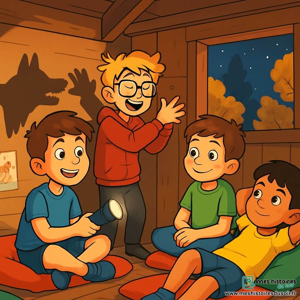 Quatre enfants sont réunis dans une cabane en bois rustique, nichée dans un jardin. Lucas, Maxime, Hugo et Théo, tous âgés de 10 ans, s'amusent ensemble. Lucas, assis sur un coussin, raconte une histoire en tenant une lampe de poche. Maxime fait des ombres sur le mur, tandis qu'Hugo, un peu timide, observe en souriant. Théo, allongé, écoute attentivement. La cabane est décorée de dessins et éclairée par une lanterne, créant une ambiance chaleureuse. À l'extérieur, des arbres aux feuilles dorées et une nuit étoilée ajoutent à la magie du moment. Les enfants rient et jouent, transformant leur peur du noir en une aventure joyeuse.