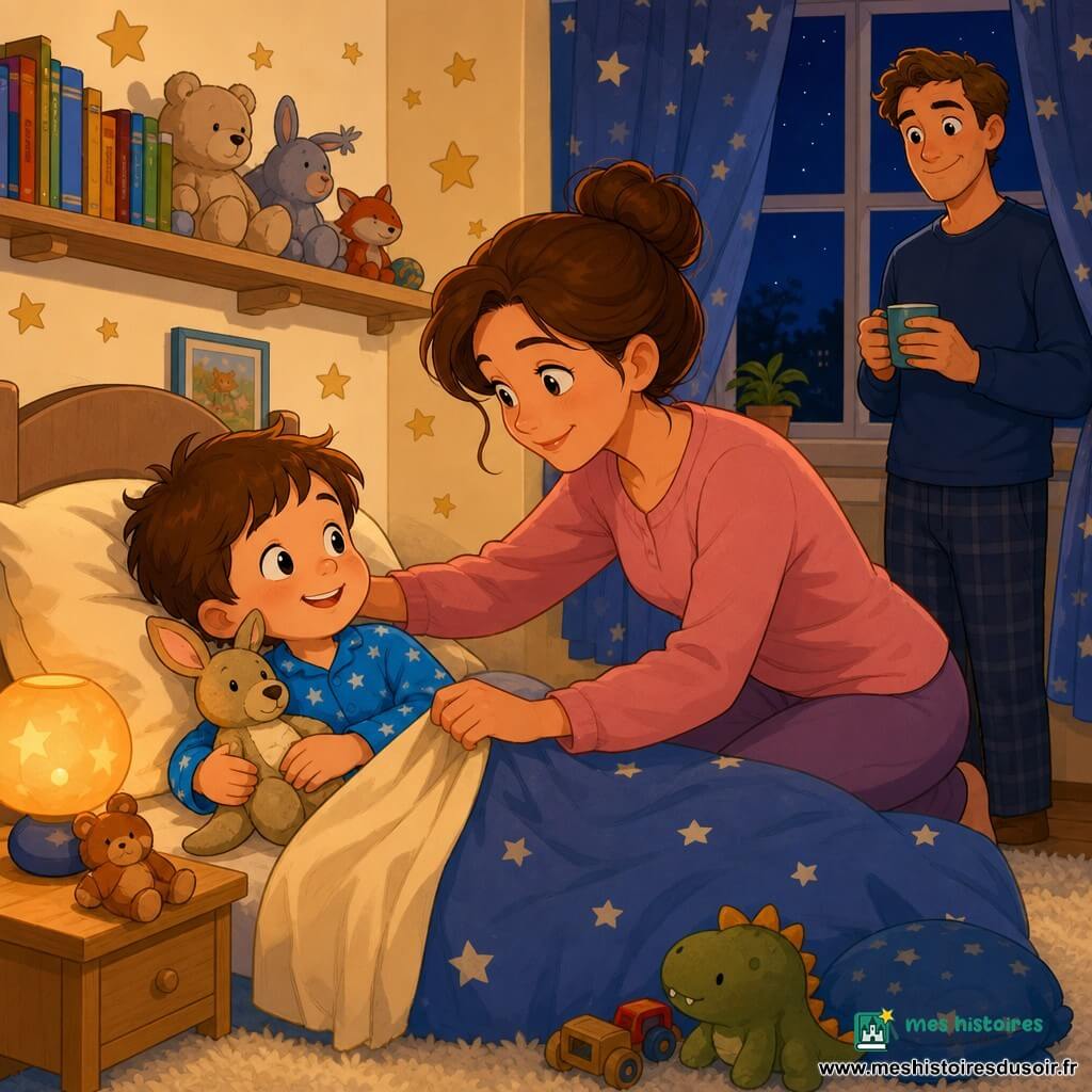Léo, 4 ans, joyeux et un peu somnolent, sourit avec des joues rondes et des yeux pétillants, vêtu d’un pyjama bleu à petites étoiles blanches et serrant un doudou kangourou beige tout en s’agrippant à la couverture; sa maman d’environ 30 ans, calme et tendre, cheveux châtain en chignon, s’accroupit pour le border, une main sur son épaule et l’autre tirant la couverture; le papa, vers 35 ans, souriant et discret, se tient en silhouette près de la fenêtre avec une tasse de thé; la petite chambre chaleureuse a des murs crème décorés d’étoiles dorées, un rideau bleu à motifs d’étoiles, une lampe de chevet ronde à lumière orange, un tapis moelleux crème et une étagère avec livres et peluches; ambiance douce et réconfortante, légèrement espiègle après une partie de cache-cache.