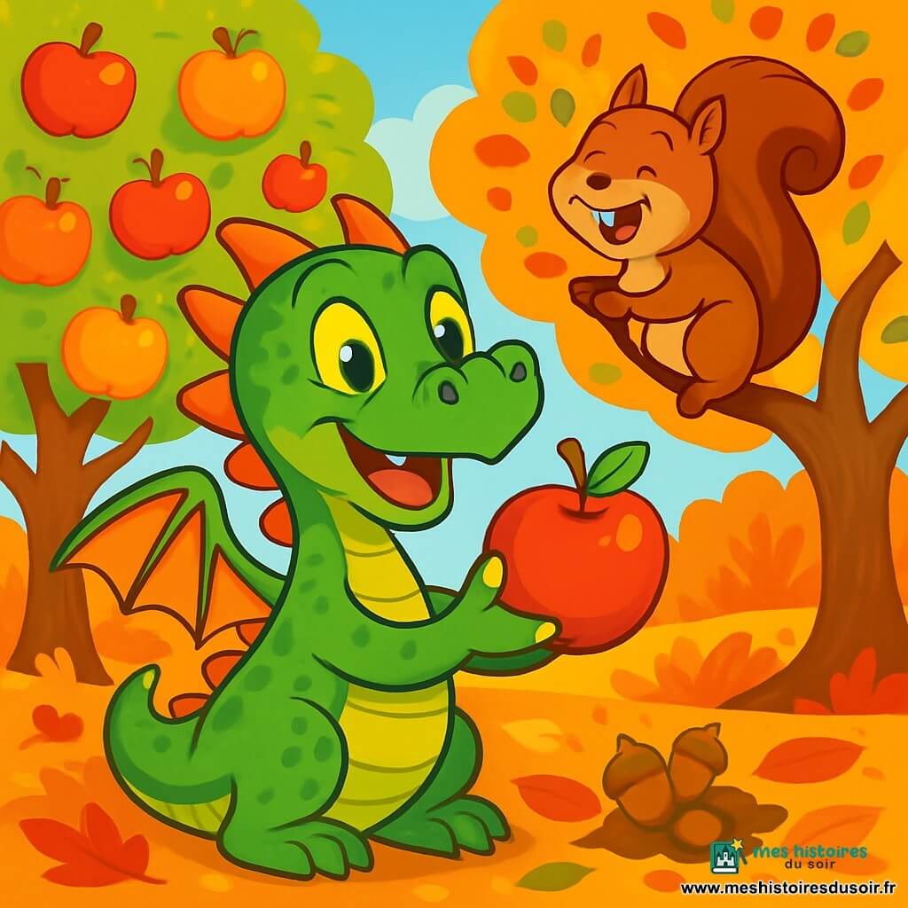 Un petit dragon nommé Flamme, avec des écailles vertes et des yeux jaunes, se tient au milieu d'un verger d'automne. Il sourit en tenant une pomme rouge dans ses griffes. À côté, un écureuil brun grimpe sur une branche, cachant des noisettes dans le sol. En arrière-plan, des pommiers chargés de fruits se dressent sous un ciel bleu, tandis que le sol est couvert de feuilles rouges, jaunes et oranges. Flamme et l'écureuil célèbrent la beauté de l'automne et la joie de l'amitié.