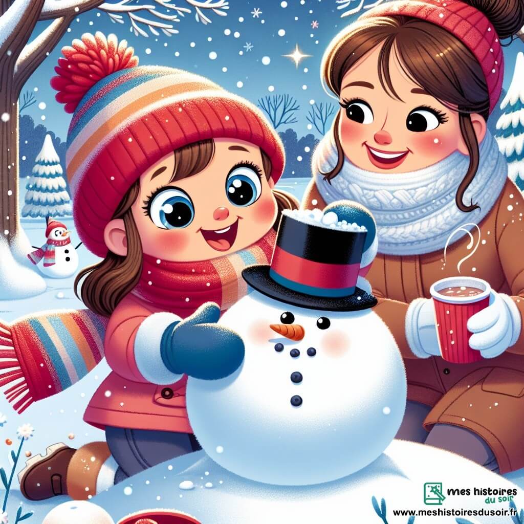 Une petite fille de 3 ans, Lila, avec de grands yeux pétillants et des joues roses, construit un bonhomme de neige dans un parc enneigé. Elle porte un bonnet rouge vif, une écharpe colorée et des gants bleus, riant joyeusement en roulant une boule de neige. À côté d'elle, sa maman, une femme d'une trentaine d'années avec des cheveux bruns attachés en chignon, sourit en l'observant, vêtue d'un manteau chaud et tenant une tasse de chocolat chaud. Le parc est hivernal et magique, avec des arbres recouverts de neige scintillante et un ciel bleu clair. Lila met un chapeau noir sur son bonhomme de neige, tandis que sa maman l'encourage avec un sourire, créant une atmosphère de bonheur.