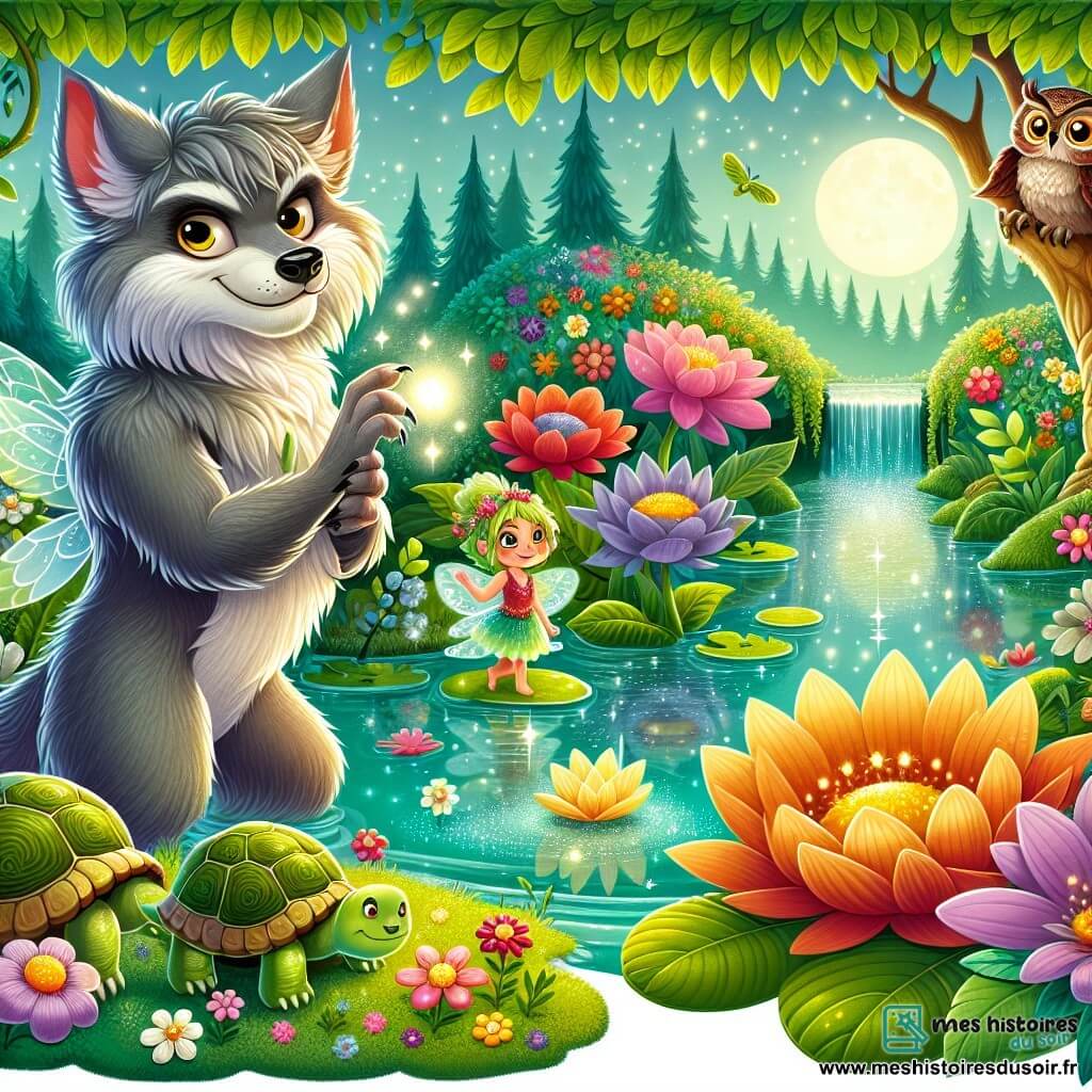 Au centre de l'image, Loupinou, un loup-garou au pelage gris argenté, se tient avec un regard déterminé et des yeux brillants. Il a des oreilles pointues et un sourire chaleureux, tenant la Perle de Lumière qui illumine son visage. À ses côtés, une petite fée pétillante danse joyeusement, ses yeux pétillants de malice. Un hibou sage, Hiboulette, observe la scène depuis une branche, tandis qu'une tortue rapide, Torti, se tient près de Loupinou, prête à l'aider. Le marais magique est rempli de fleurs éclatantes, de grandes feuilles brillantes sous le soleil et de ruisseaux scintillants. Loupinou, entouré de ses amis, est prêt à sauver son marais bien-aimé, créant une ambiance d'amitié et de magie.