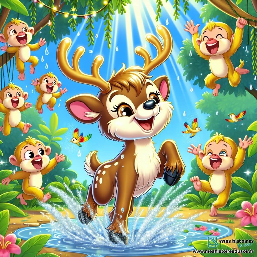 Un renne nommé Riri, avec un pelage brun clair et des bois majestueux, danse joyeusement dans une flaque d'eau, éclaboussant des gouttes scintillantes. Il sourit, amusé. Autour de lui, des singes malicieux aux pelages dorés sautent de branche en branche, riant et applaudissant. La scène se déroule dans une jungle luxuriante, remplie de grandes feuilles vertes et de fleurs colorées, avec des oiseaux aux plumes éclatantes volant dans le ciel bleu. Riri danse avec entrain, tandis que les singes l'encouragent, créant une atmosphère festive.