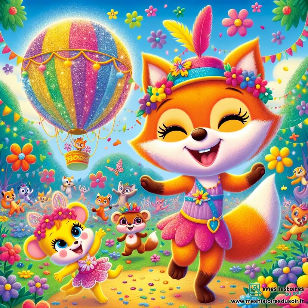 Félix, un petit renard joyeux au pelage orange vif et chapeau coloré, danse avec un sourire, entouré de fleurs multicolores au rythme de la musique du carnaval. À ses côtés, Mia, une petite souris avec des ailes de fée et une robe rose, tourne avec émerveillement. Dippy, un canard jaune souriant, les encourage en battant des ailes. La scène se déroule dans une clairière de la forêt, ornée de fleurs éclatantes et de guirlandes colorées, où des animaux dansent. Un énorme ballon brillant flotte dans le ciel, ajoutant une touche magique à l'ambiance festive. Félix et ses amis célèbrent le carnaval, riant et dansant ensemble autour du ballon symbolisant la joie et l'amitié.