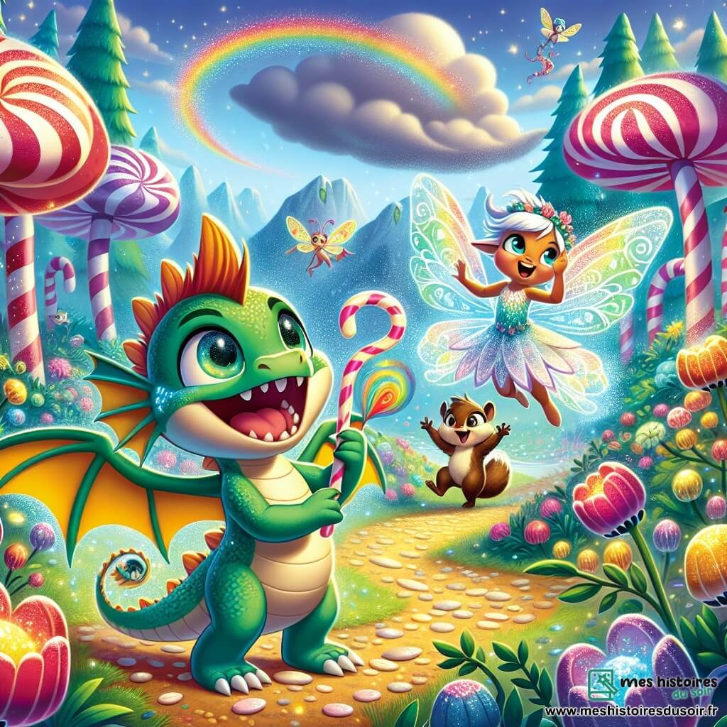 Flamme, un petit dragon aux écailles émeraude et aux yeux curieux, se tient au centre, souriant avec une Plume Arc-en-Ciel dans ses pattes. À ses côtés, Luminette, une fée lumineuse aux ailes étincelantes, vole joyeusement, les bras levés. En arrière-plan, Grignote, un écureuil aux poils bruns, saute de joie sur une branche. Le décor est une vallée magique avec des arbres en sucre d'orge colorés, des fleurs chantantes et un ciel bleu, où un nuage gris s'éloigne. La scène célèbre la victoire de Flamme et ses amis, symbolisant l'amitié et l'aventure.