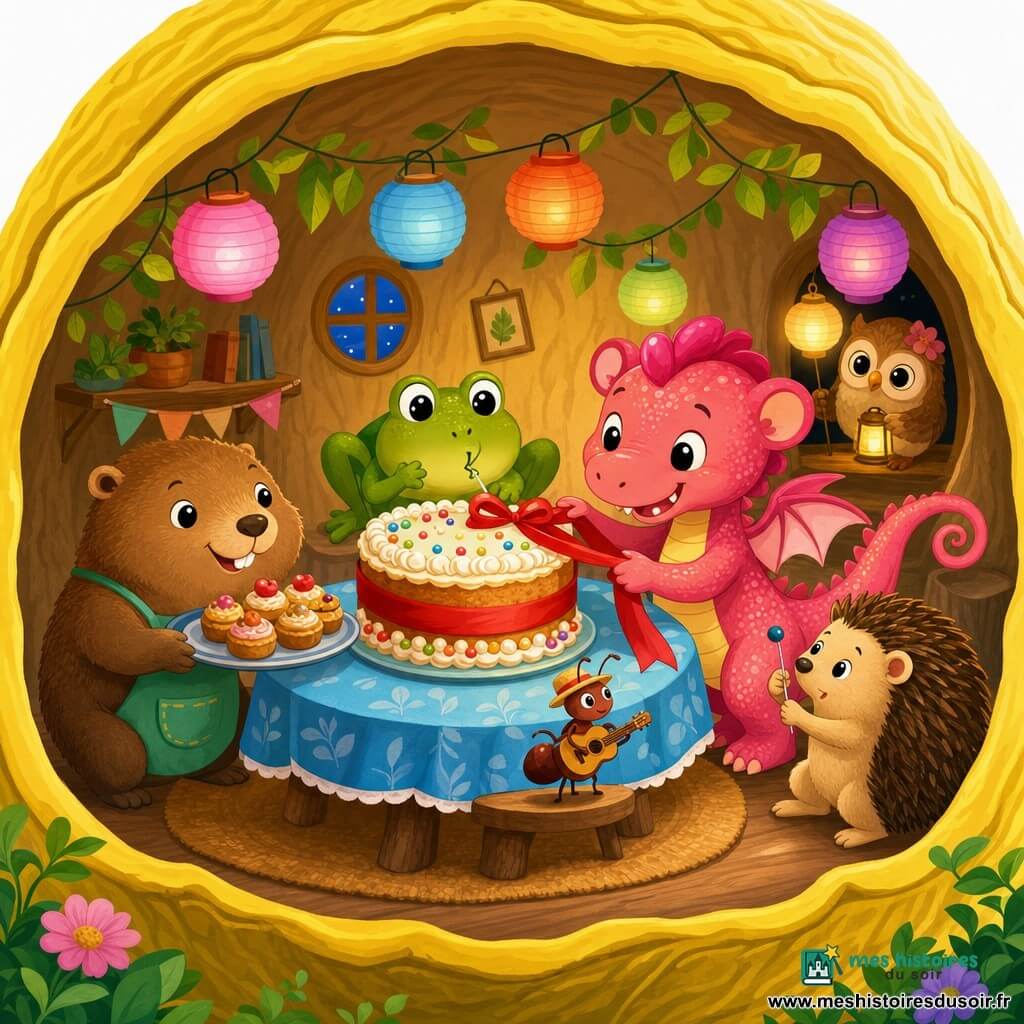 Petit Plume, petit dragon aux ailes roses, oreilles rondes et queue en spirale, aux écailles bonbon, sourit en tenant un grand ruban rouge autour d’un gâteau ; Petite Marmotte, ronde et douce, tient un plat de gâteaux à gauche ; la grenouille verte souffle pour aider à nouer le ruban derrière la table ; le hérisson timide tient une épingle à droite de Petit Plume ; la fourmi musicienne, minuscule, joue d’une petite guitare au bord de la table ; Noisette, petite chouette aux grands yeux, tient une lanterne sous un lampion. L’intérieur est une maisonnette jaune citron avec nappe bleue, lampions et guirlandes de feuilles, lumière chaude et ombres douces. Scène centrée et lisible montrant une fête d’anniversaire chaleureuse où amis nouent ensemble un ruban rouge autour d’un gâteau rond décoré de crème et perles de sucre, ambiance festive, couleurs vives et formes simples.