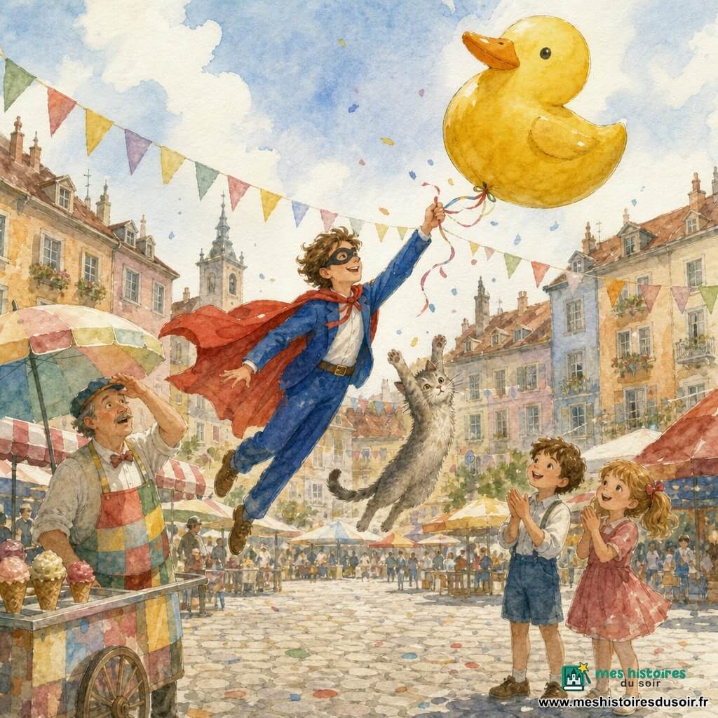 Arthur, souriant et ravi, en costume bleu et rouge avec cape, masque noir et cheveux en bataille, s'élève pour retenir un énorme ballon en forme de canard que menace d'emporter des parasols; à ses côtés Biscotte, chat gris malicieux, saute pour attraper le ruban; un vendeur de glaces d'une cinquantaine d'années, tablier multicolore, affiche une expression étonnée mais soulagée près d'un chariot à glaces à gauche; devant, un garçon de 7 ans et une fille de 6 ans se tiennent par la main et applaudissent, des confettis autour; décor : grande place pavée aux façades pastel, guirlandes et stands de fête sous un ciel clair aux touches aquarelle.
