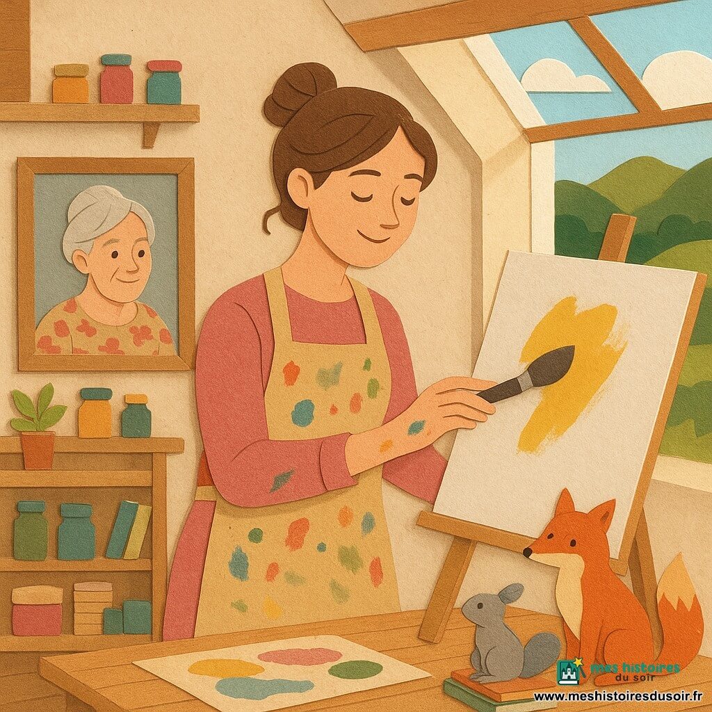 Femme artiste d’environ 30–40 ans, souriante, cheveux châtain en chignon lâche, taches de peinture sur mains et tablier, debout devant une grande toile en train d’appliquer de la peinture au large pinceau ; photo de la grand‑mère (70–80 ans, cheveux gris en chignon, robe à fleurs) posée sur une étagère, souriante comme un souvenir bienveillant ; un renard roux et un petit écureuil gris près d’un tapis, l’écureuil sur une pile de livres à côté d’un pot de pinceaux ; atelier lumineux avec grand velux, plancher en bois clair, étagères chargées de pots de peinture et toiles, plantes en pot et vue sur des collines vertes ; ambiance douce et inspirée, palette chaude (ocre, rose poudré, vert tendre), textures nettes et contours légèrement découpés évoquant des collages.