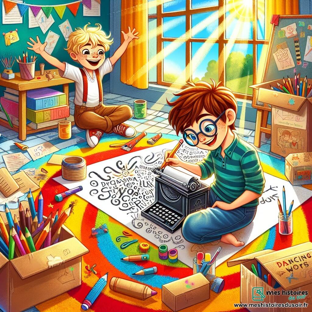 Lucas, un garçon de 10 ans aux cheveux bruns en bataille et lunettes rondes, sourit avec des yeux pétillants d'excitation, assis sur un tapis coloré entouré de boîtes en carton et de tubes en papier, dessinant des mots sur une grande feuille. À ses côtés, son ami Tom, aux cheveux blonds et aux taches de rousseur, l'observe avec admiration, crayon à la main. Leur laboratoire imaginaire est dans une salle de classe lumineuse, avec des murs décorés de dessins d'enfants et des fenêtres laissant entrer la lumière. Des livres et crayons éparpillés créent une ambiance joyeuse. Ils imaginent une machine à écrire magique qui transforme les lettres en mots parfaits, leurs visages rayonnants de bonheur et d'imagination.