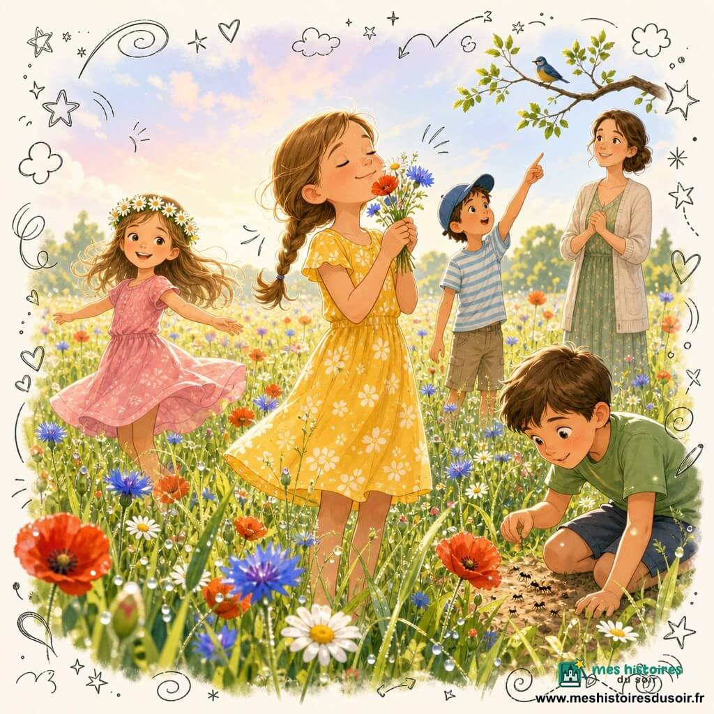 Lina, 8 ans, rayonnante, cheveux châtain clair en tresse, robe jaune, au centre inspirant le parfum des fleurs; Emma, ~7 ans, souriante, couronne de pâquerettes, robe rose, tournant à gauche; Paul, ~8 ans, curieux, genou à terre à droite observant des fourmis près d’un coquelicot; Lucas, ~8 ans, émerveillé, casquette bleue, pointant un oiseau sur une branche derrière le groupe; la maîtresse, femme douce, debout en arrière-plan, mains jointes, sourire; lieu : ancien champ derrière l’école devenu prairie sauvage de hautes herbes parsemée de coquelicots, bleuets et pâquerettes, rosée au matin et ciel pastel; ambiance : révélation printanière, couleurs vives, mouvement léger, chaleur poétique, petits doodles (papillons, graines, notes) autour des personnages.
