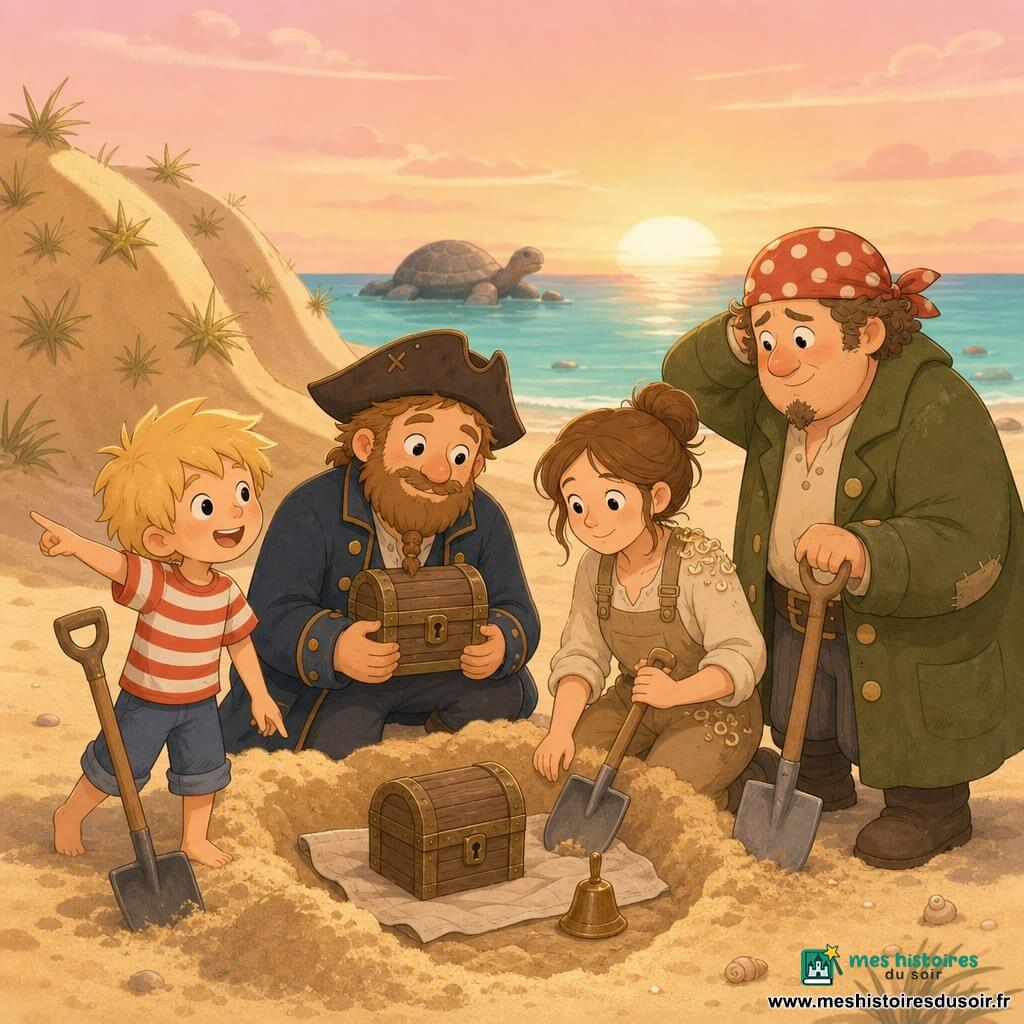 Un capitaine Malaud souriant et bienveillant, visage rond, courte barbe tressée, chapeau de pirate marron de travers, veste bleu marine à boutons dorés, tient un petit coffre en bois contre sa poitrine et regarde la dune avec tendresse; un garçon d’environ 10 ans, Pim le mousse, énergique, cheveux blonds en bataille, t-shirt rayé rouge et blanc, rit et montre la dune à gauche; Lila la charpentière, ~28 ans, sérieuse et douce, cheveux bruns attachés, salopette beige avec copeaux, tient une pelle à droite du coffre prête à creuser; un homme d’environ 35 ans, Capitaine Gribouille, maladroit mais attendri, manteau vert olive trop grand et bandana à pois, se tient derrière le groupe avec une pelle et une expression penaude adoucie; lieu : plage de sable doré avec dunes rondes, herbes d’étoile sommitales, un rocher en forme de tortue au loin, mer turquoise et ciel rose-orangé au coucher; situation : ils creusent ensemble pour enterrer et protéger un petit coffre de souvenirs posé sur une toile, pelles plantées, petite cloche en cuivre près du coffre, ambiance chaleureuse et coopérative, silhouettes simples, couleurs pastel, contours doux et ombres minimales.