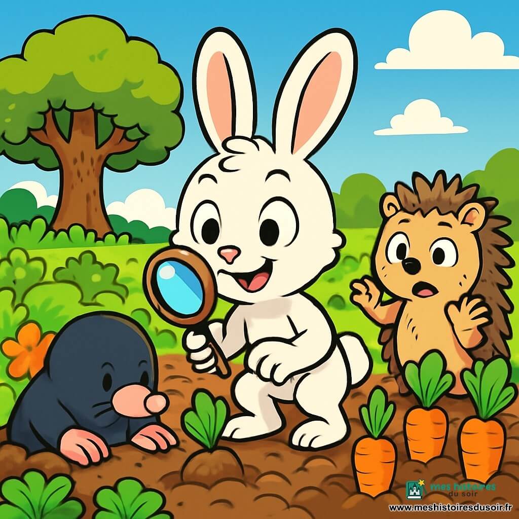 Théo, un lapin curieux aux grandes oreilles et à la fourrure blanche, se tient au centre de l'image avec un sourire malicieux, tenant une loupe en bois pour examiner le potager. À sa droite, Léon, un hérisson inquiet aux piquants bruns, le regarde avec curiosité. À gauche, Mimi, la taupe au pelage noir, creuse le sol avec détermination. Le potager est vibrant, rempli de carottes orange, de laitues vertes et de fleurs colorées, sous un ciel bleu parsemé de nuages. Théo et ses amis enquêtent sur le sol à la recherche d'indices, tandis que les carottes semblent les observer.
